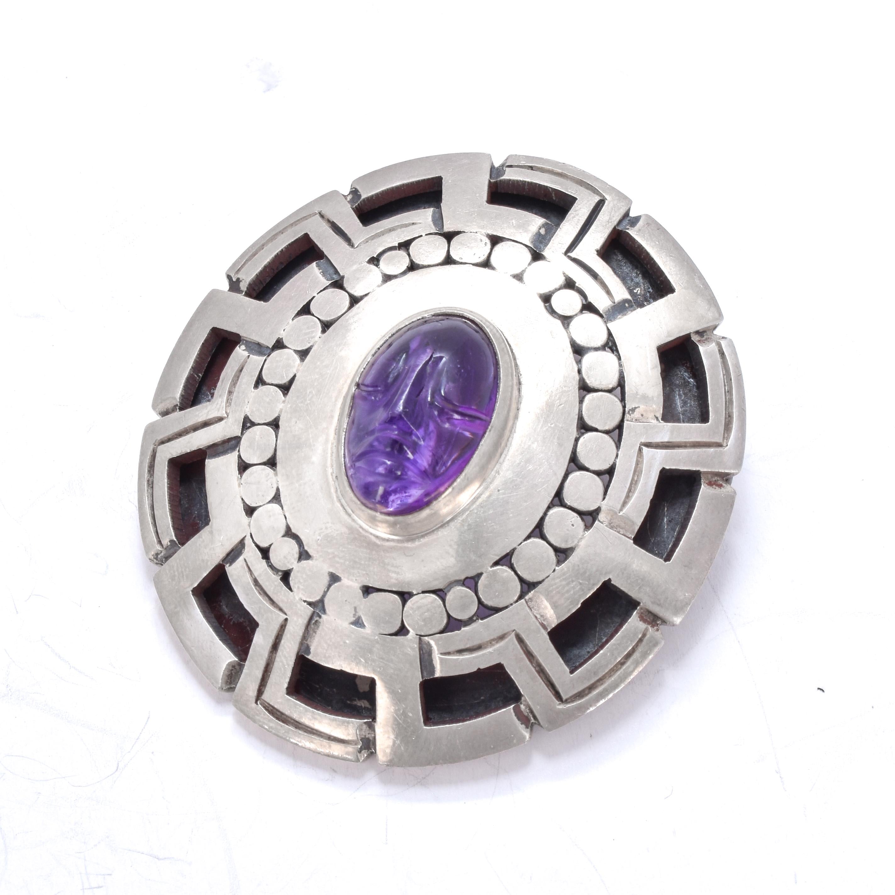 Talleres Se Los Ballesteros Taxco Silver Brooch with Amethyst Face