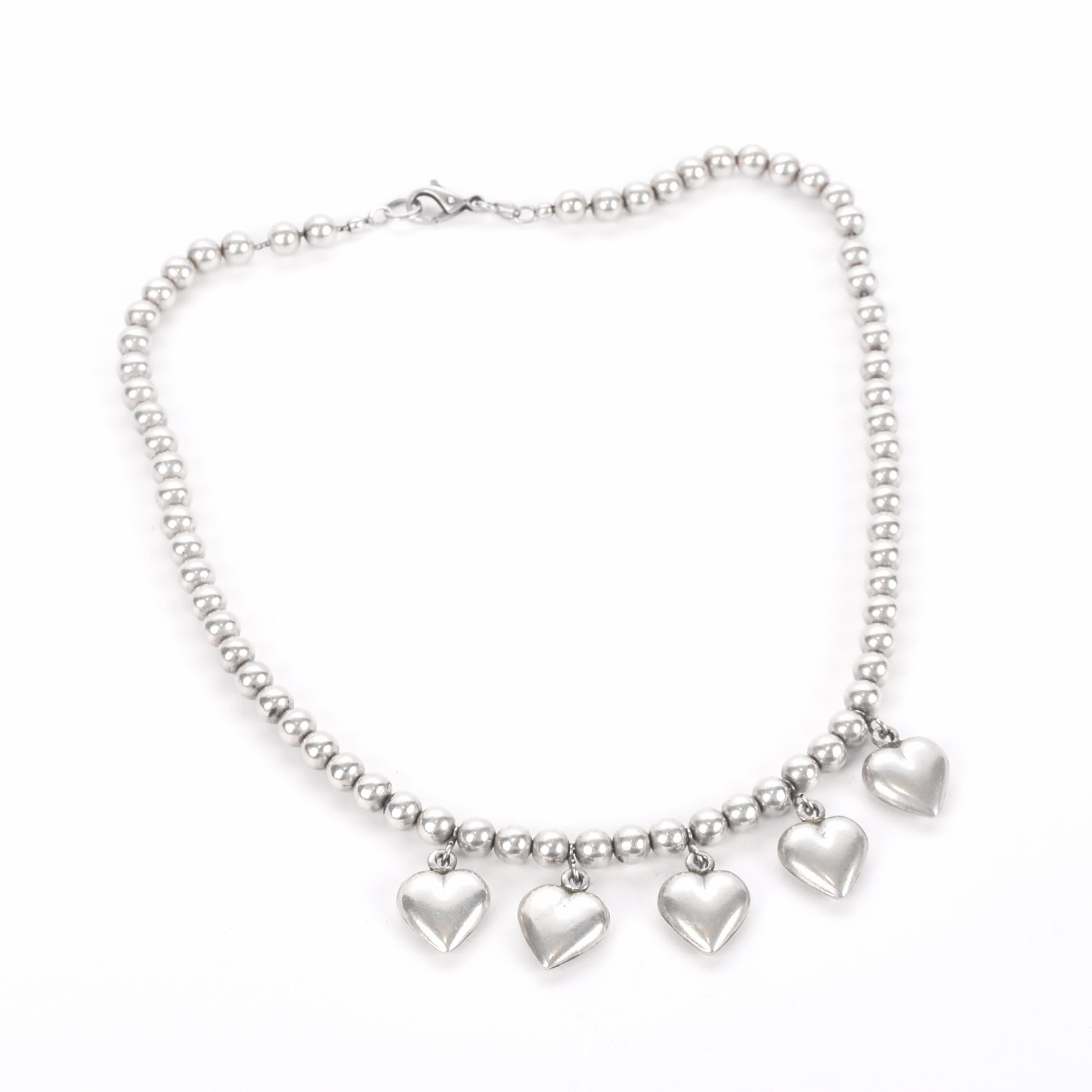 Sterling Silver Beaded Necklace with Heart Pendants