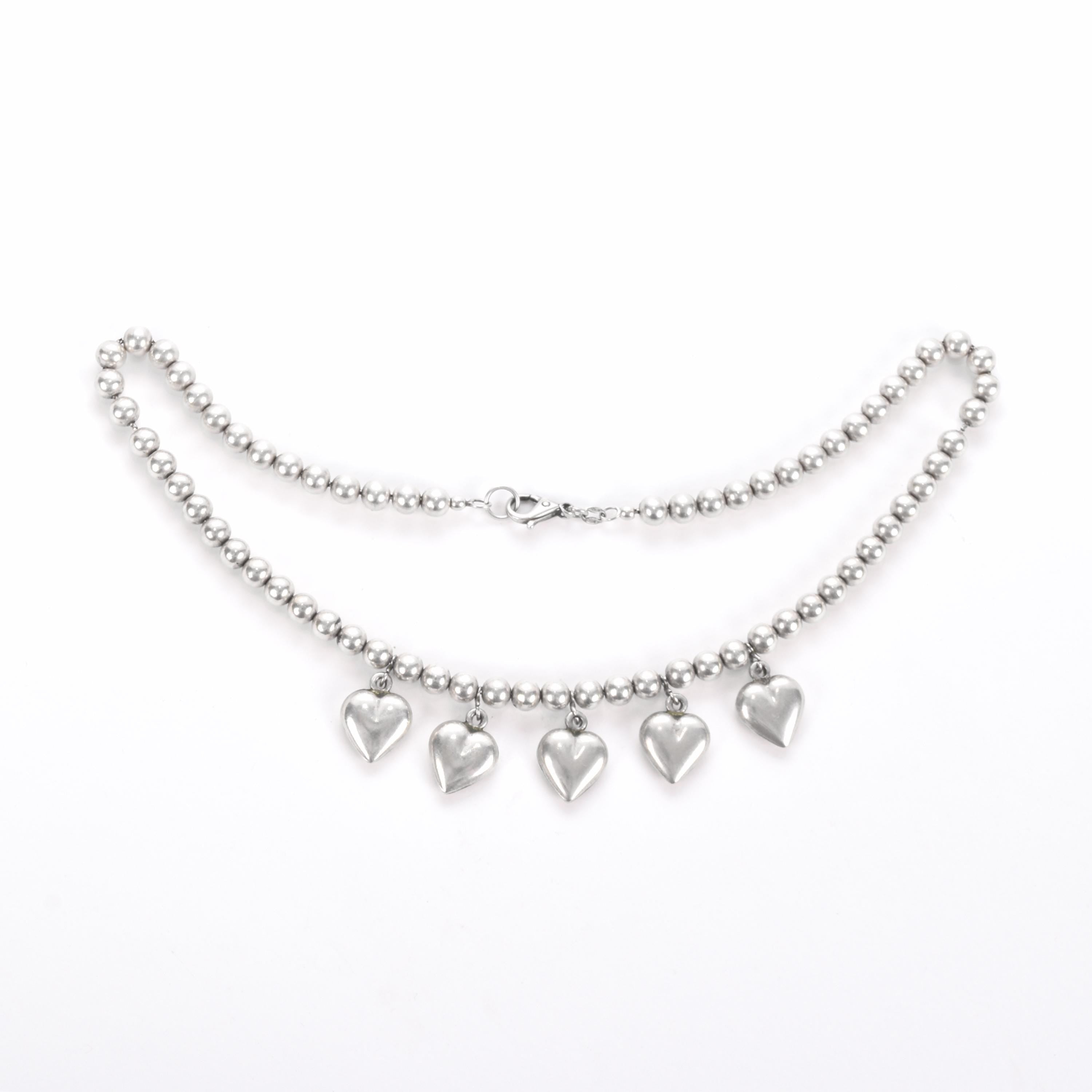 Sterling Silver Beaded Necklace with Heart Pendants