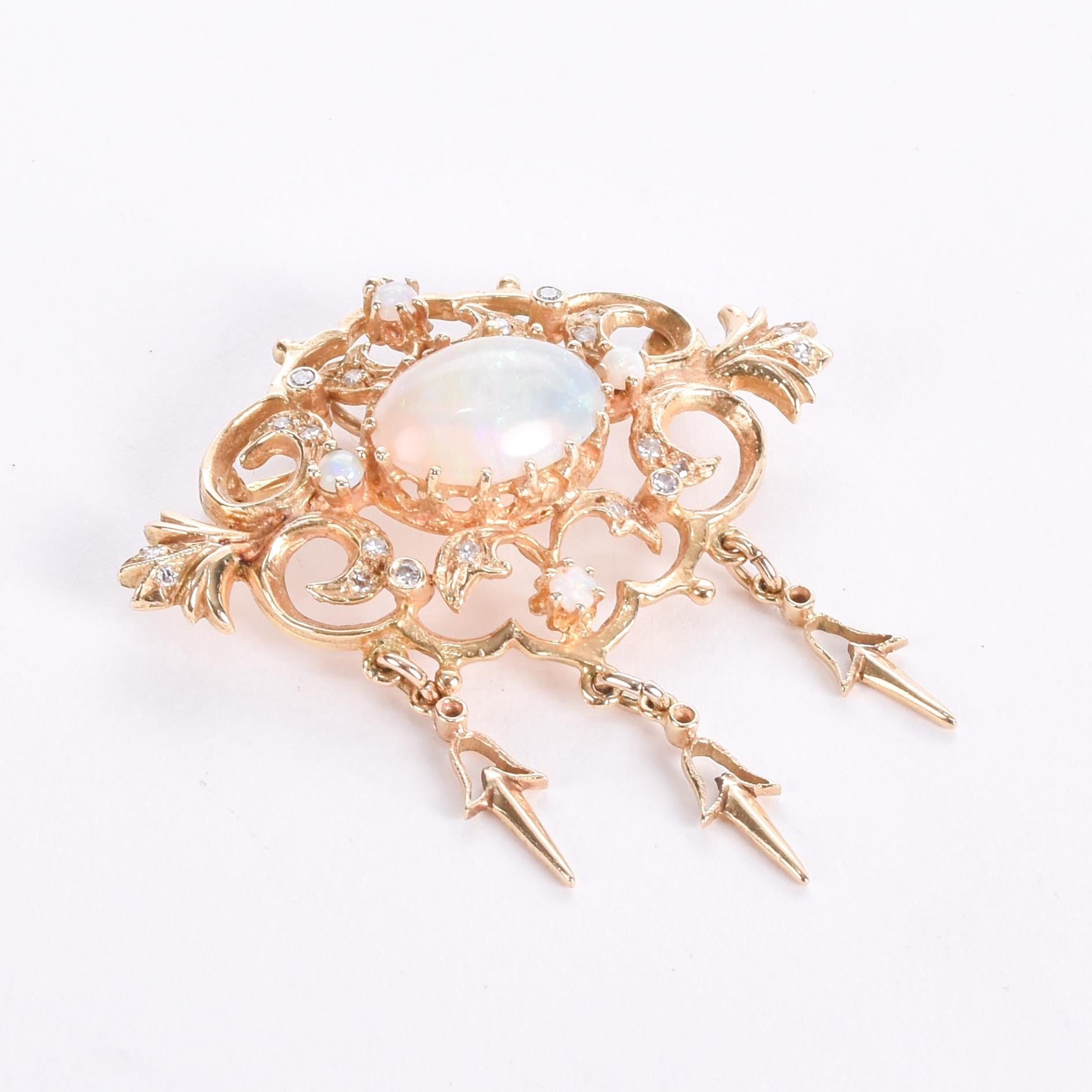 10K Gold Victorian Style Dangle Pendant with Opals and Diamonds