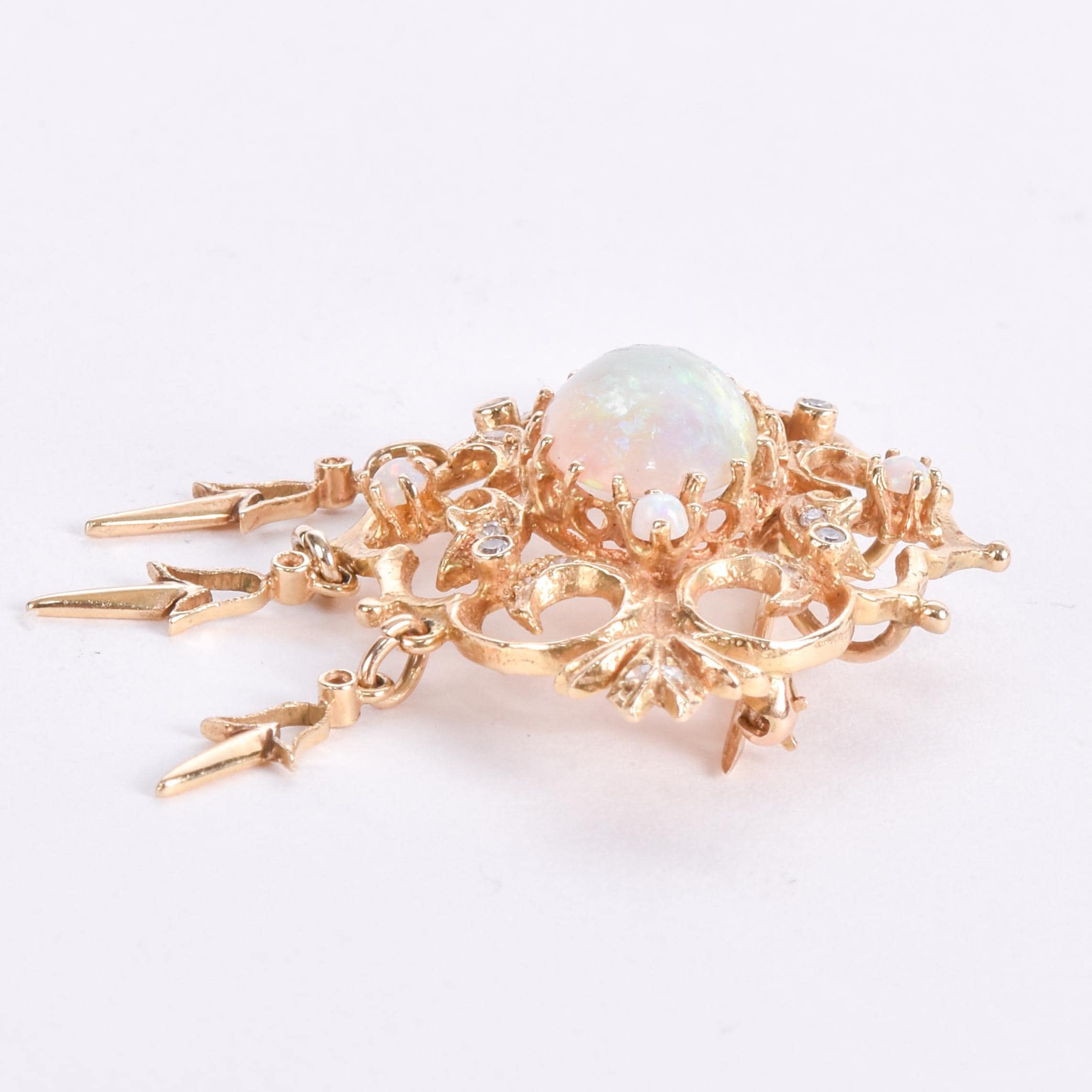 10K Gold Victorian Style Dangle Pendant with Opals and Diamonds