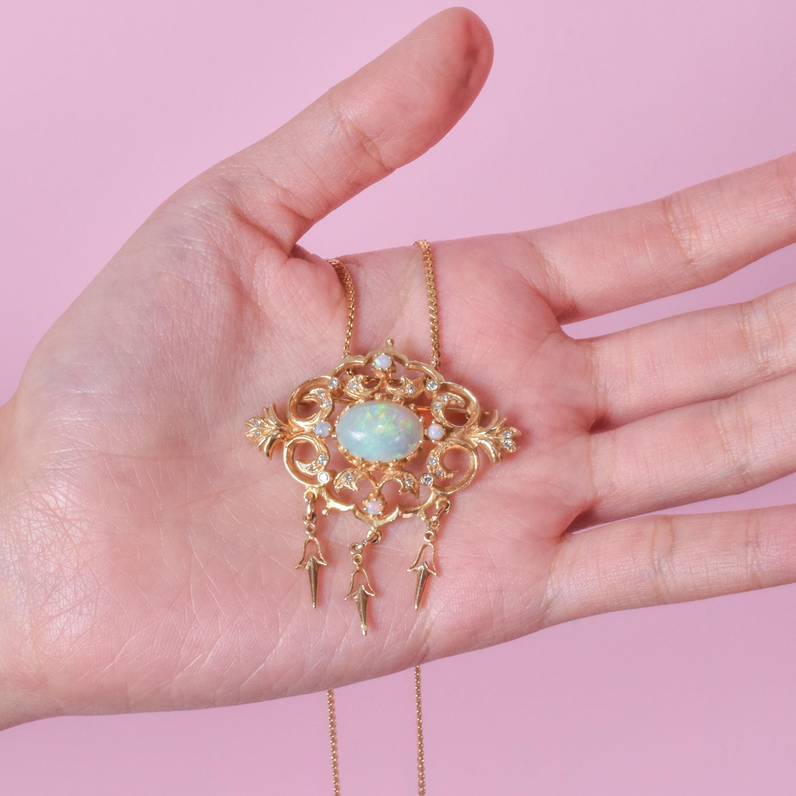 10K Gold Victorian Style Dangle Pendant with Opals and Diamonds