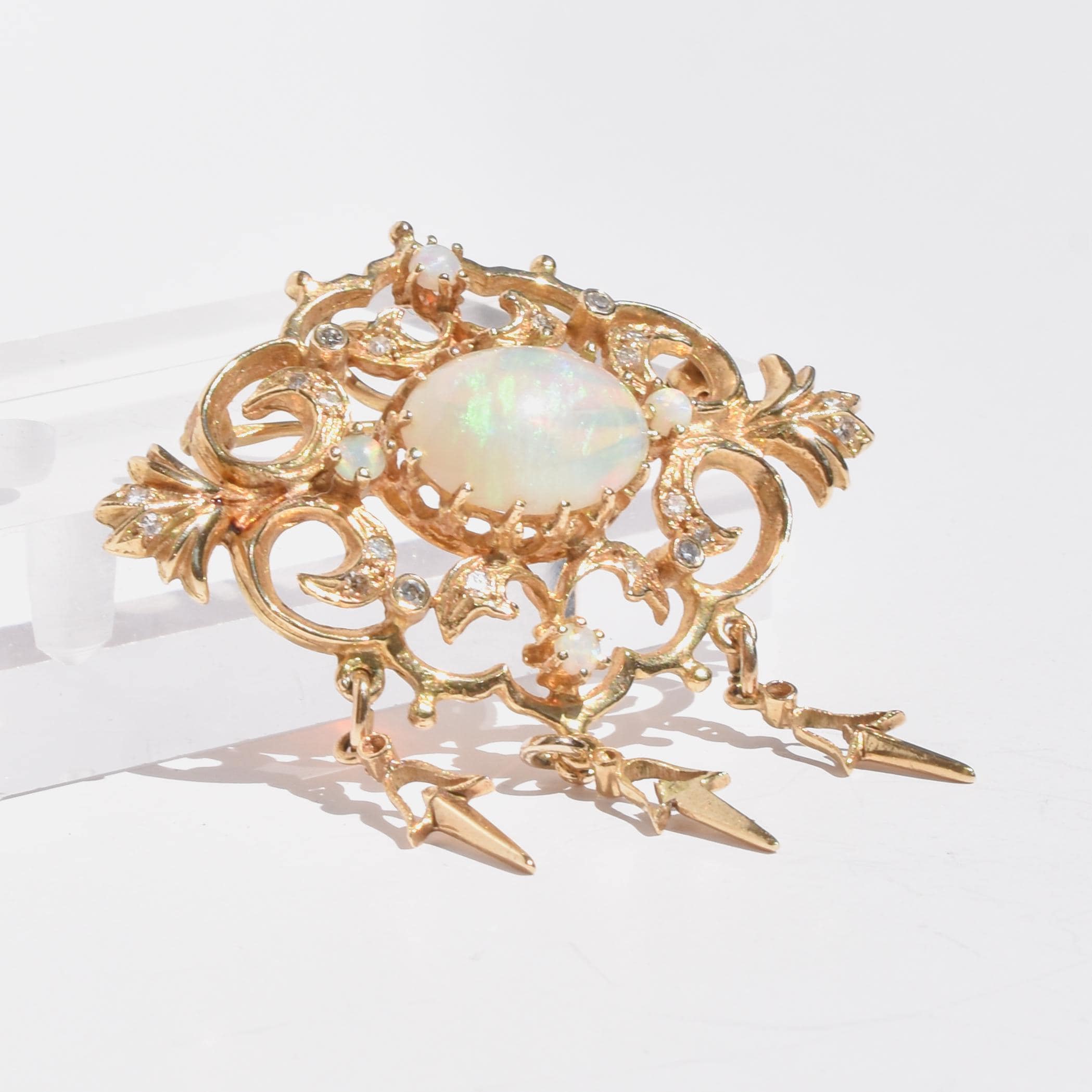 10K Gold Victorian Style Dangle Pendant with Opals and Diamonds