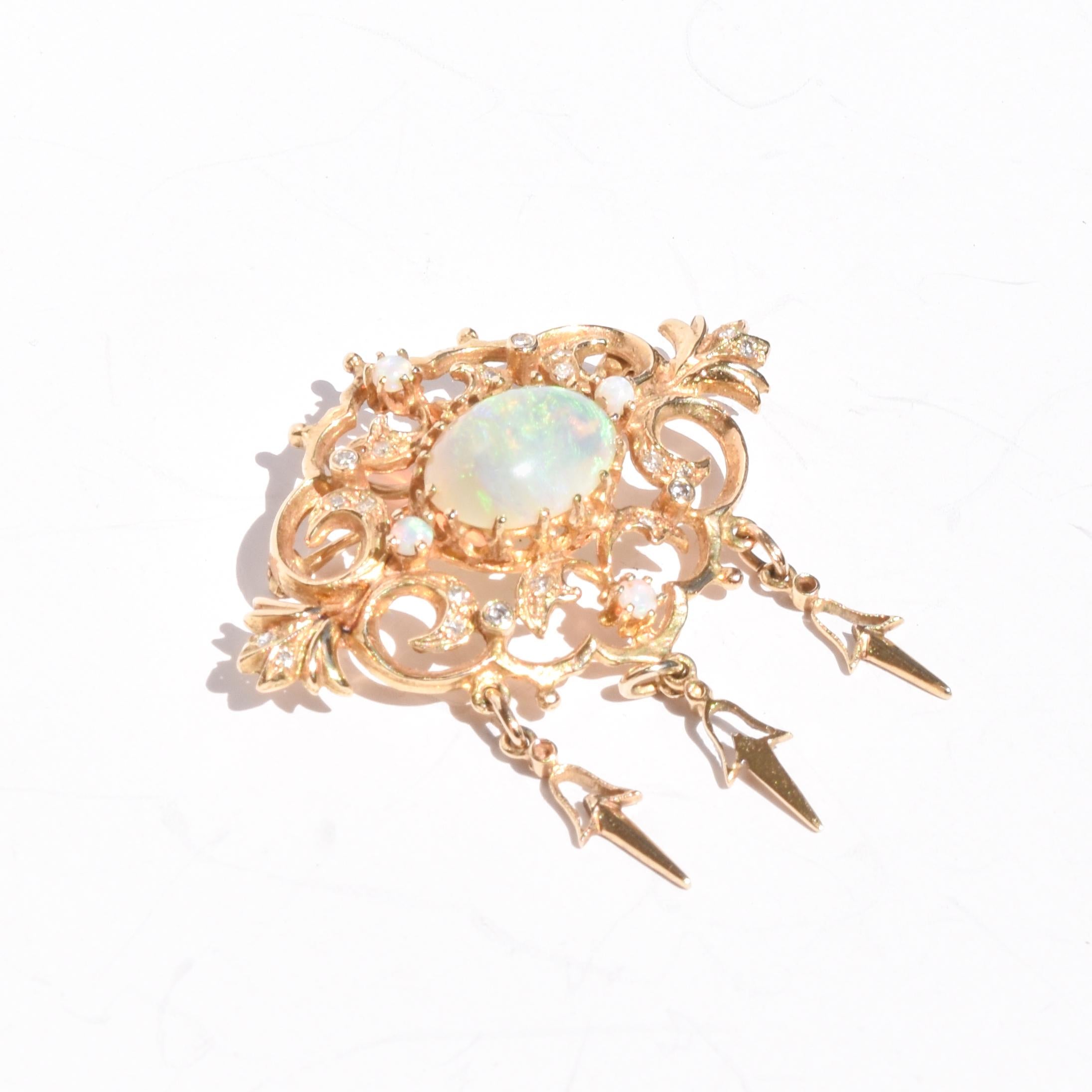 10K Gold Victorian Style Dangle Pendant with Opals and Diamonds