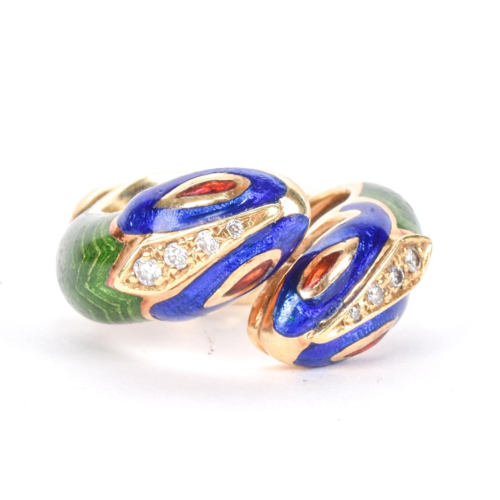 14K Gold with Enamel and Diamond Bypass Snake Ring