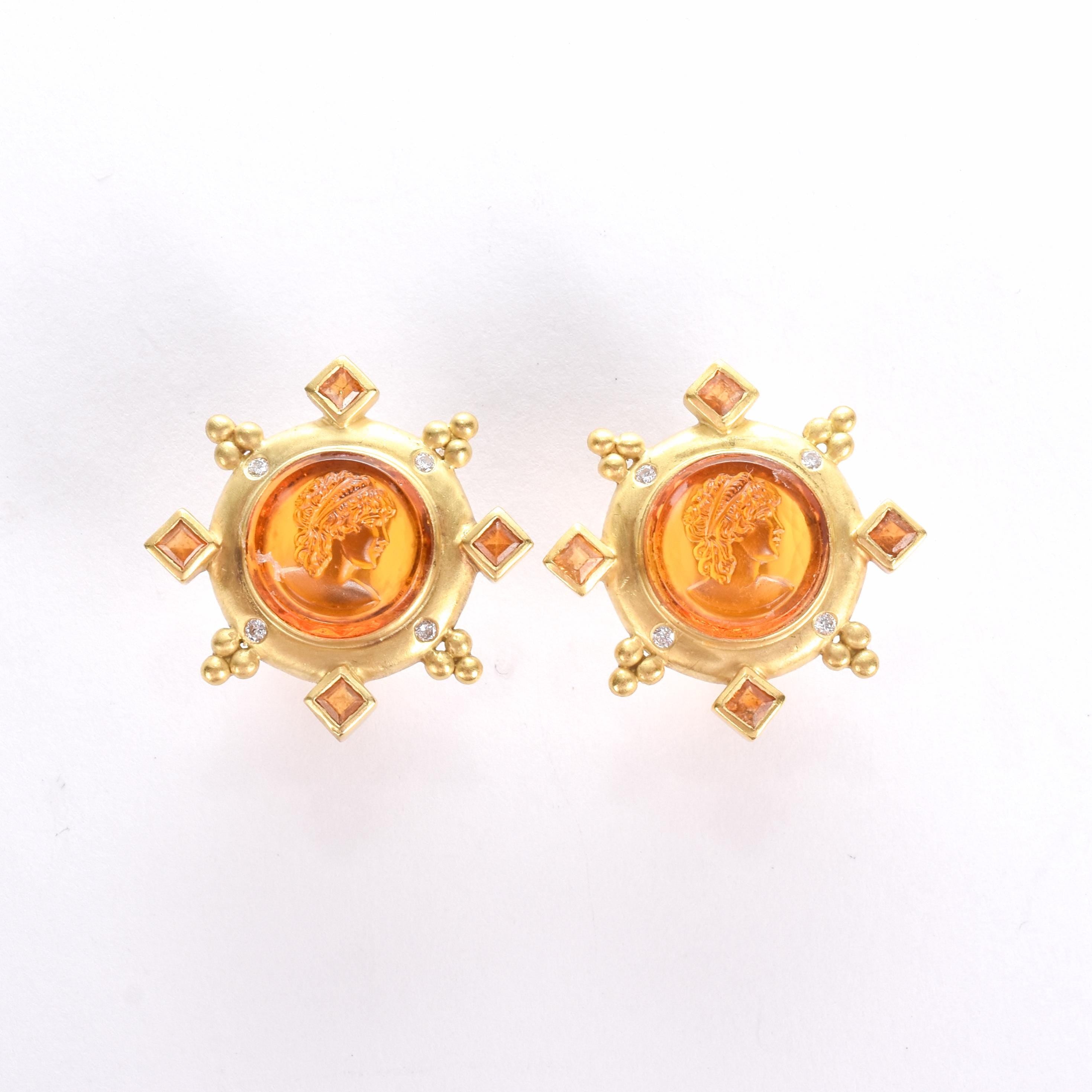 18K Gold Venetian Glass Intaglio Earrings with Citrine and Diamonds