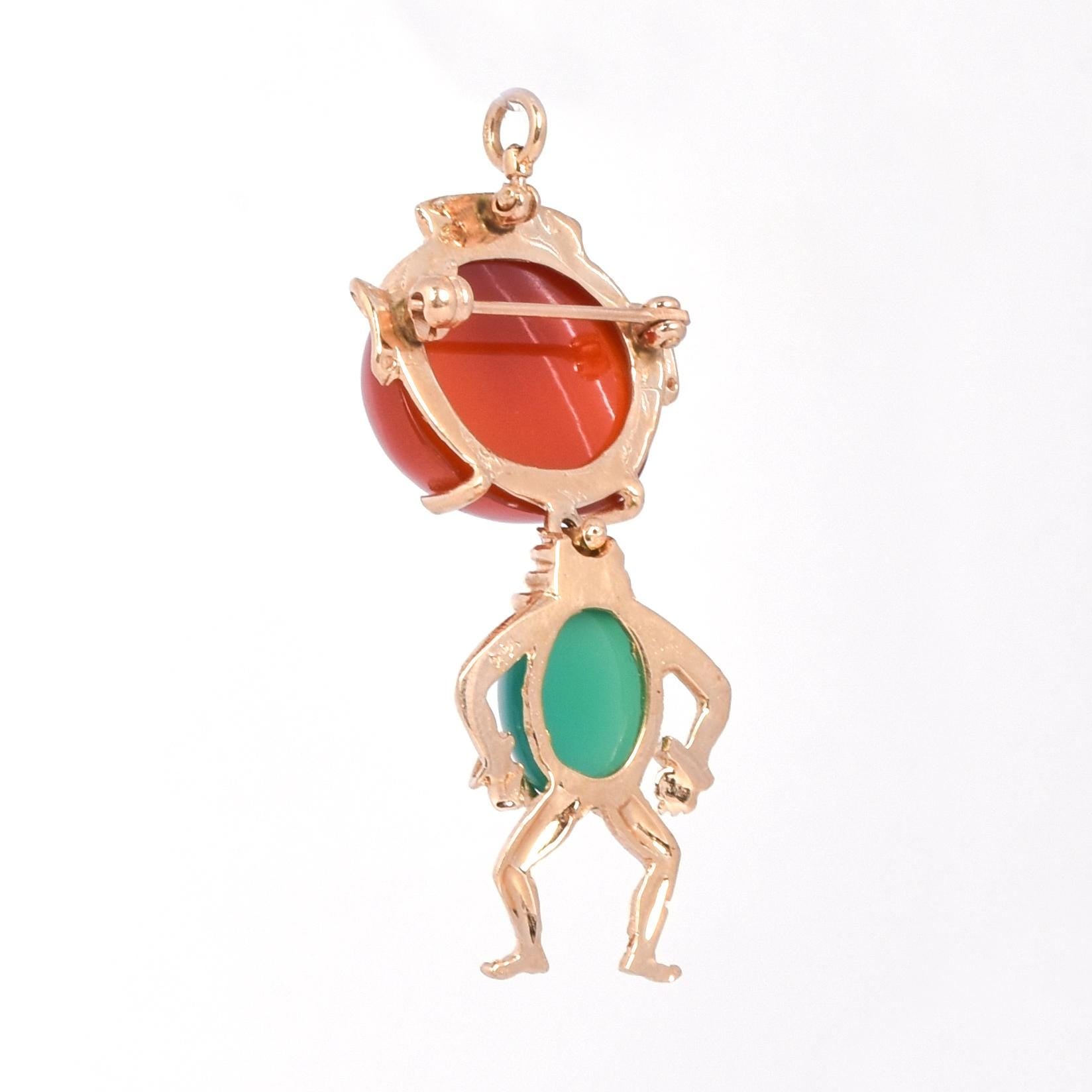 14K Whimsical Man Jade and Carnelian Pendant/Brooch
