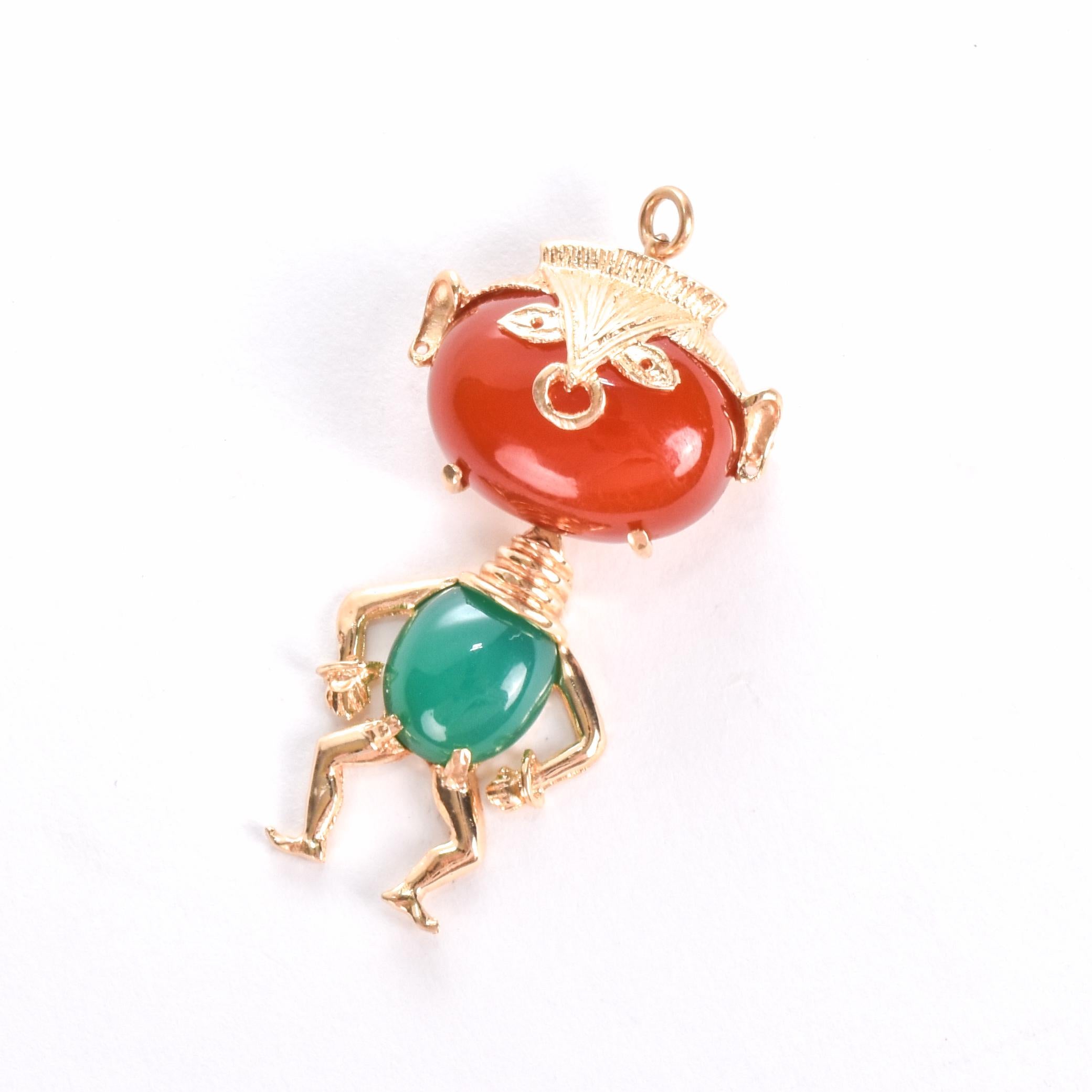 14K Whimsical Man Jade and Carnelian Pendant/Brooch