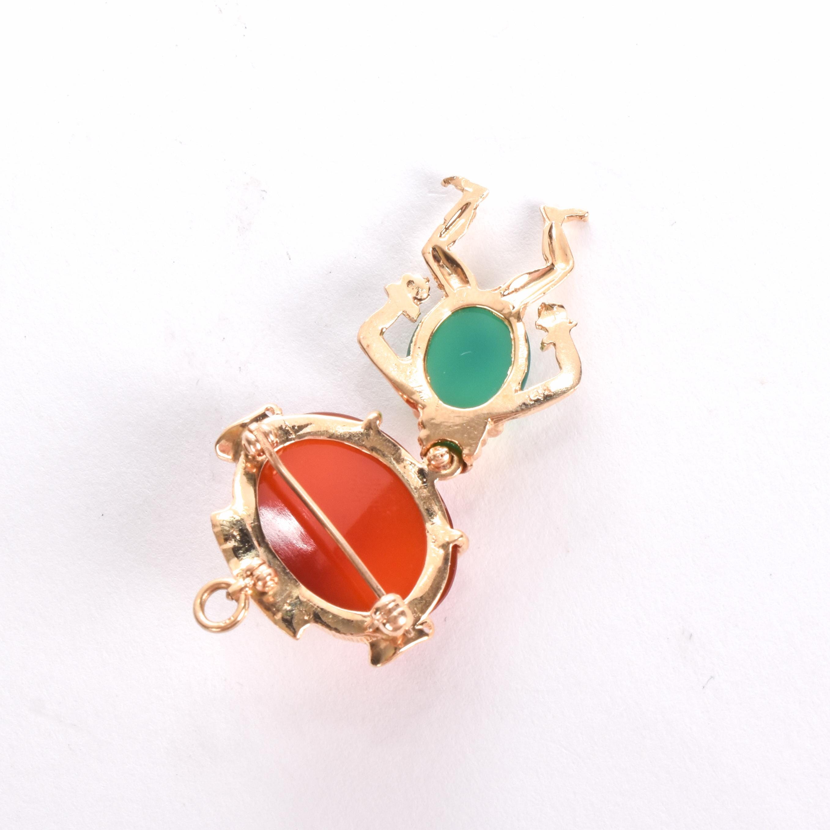 14K Whimsical Man Jade and Carnelian Pendant/Brooch