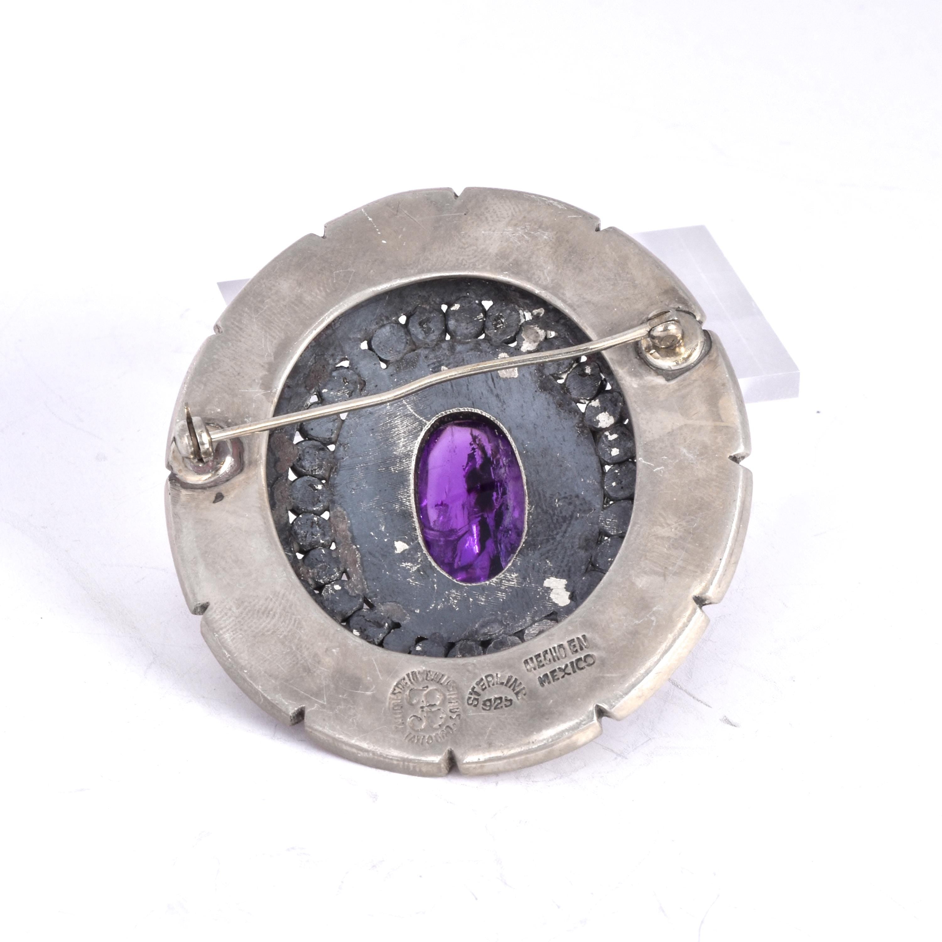 Talleres Se Los Ballesteros Taxco Silver Brooch with Amethyst Face