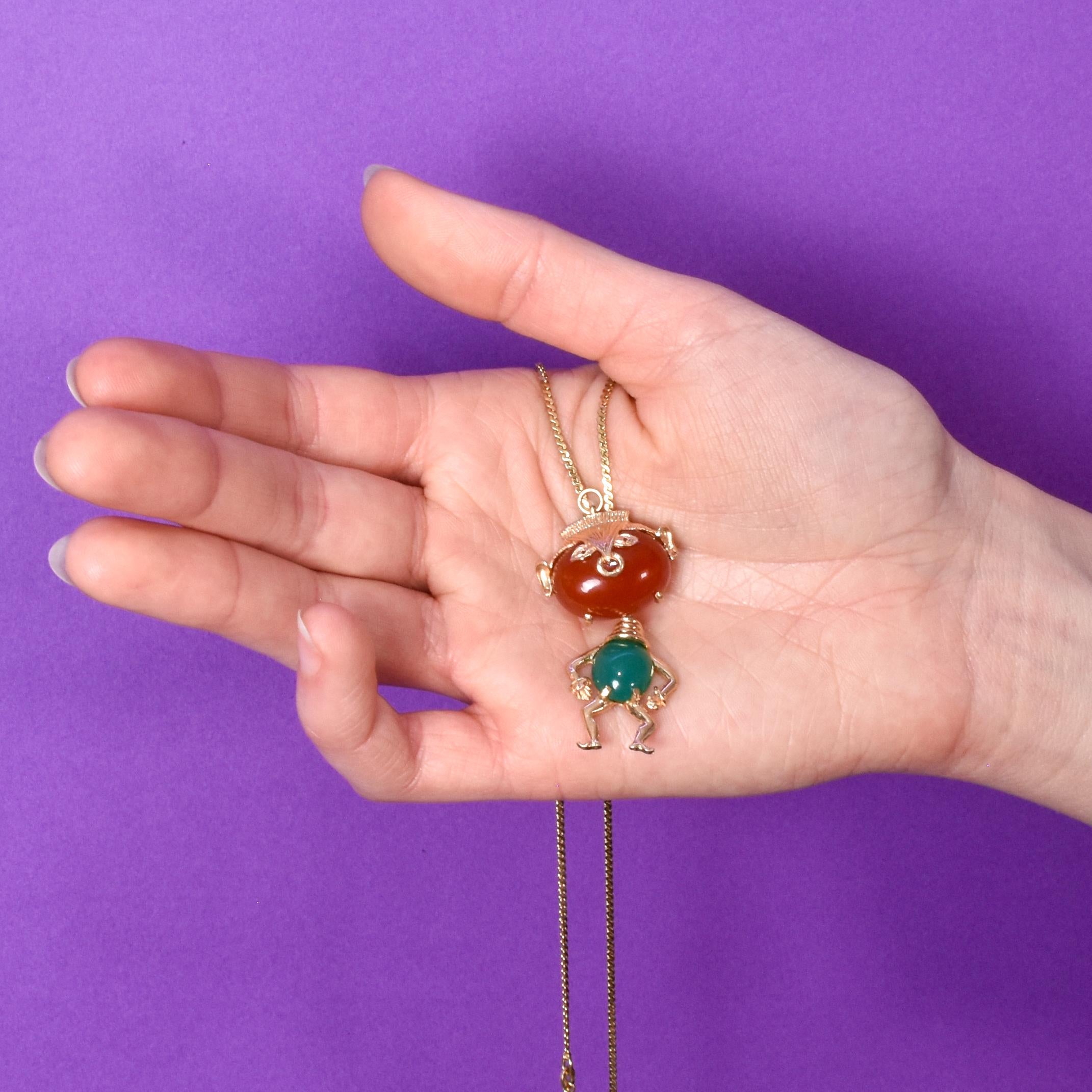 14K Whimsical Man Jade and Carnelian Pendant/Brooch