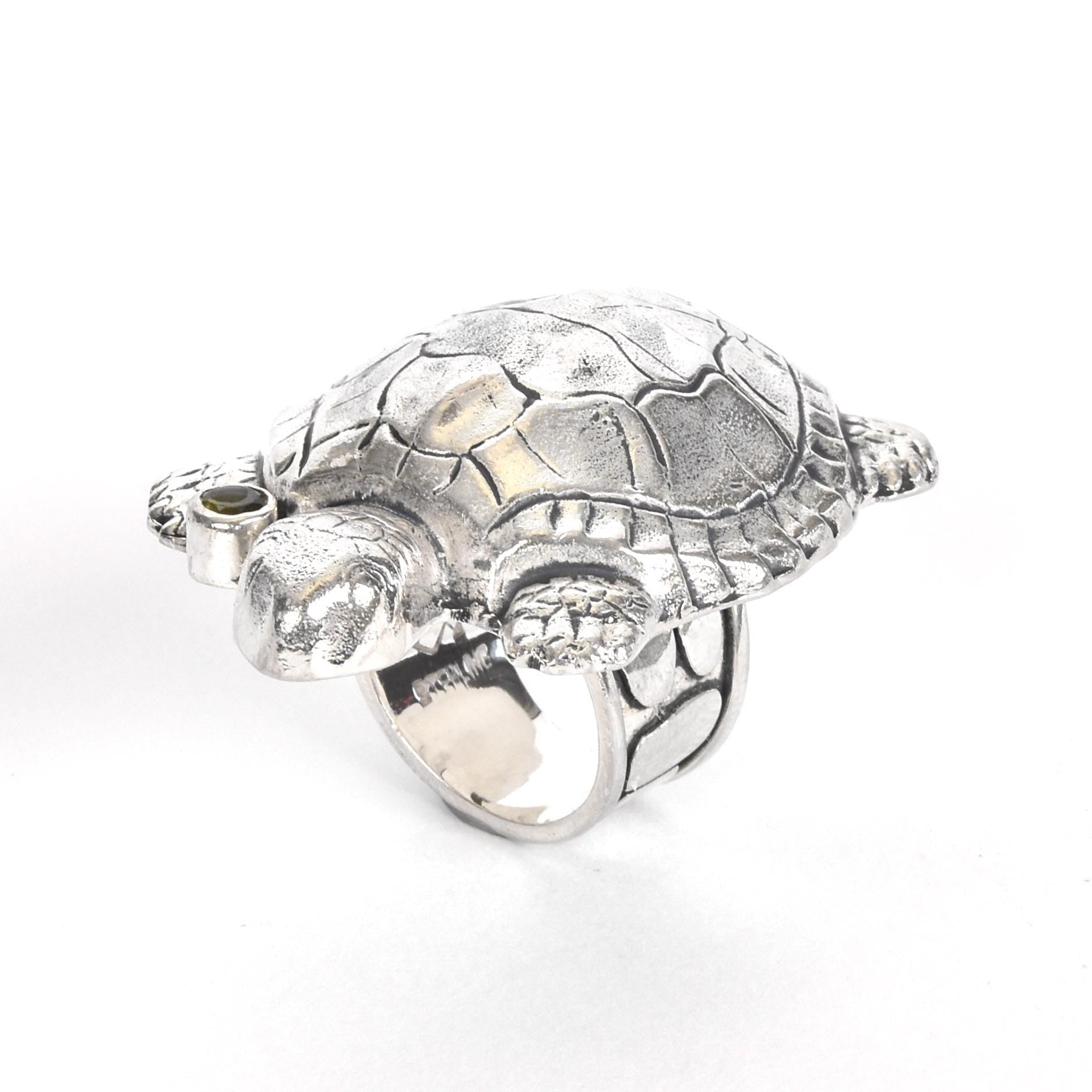 Massive Sterling Silver Turtle Ring with Single Peridot