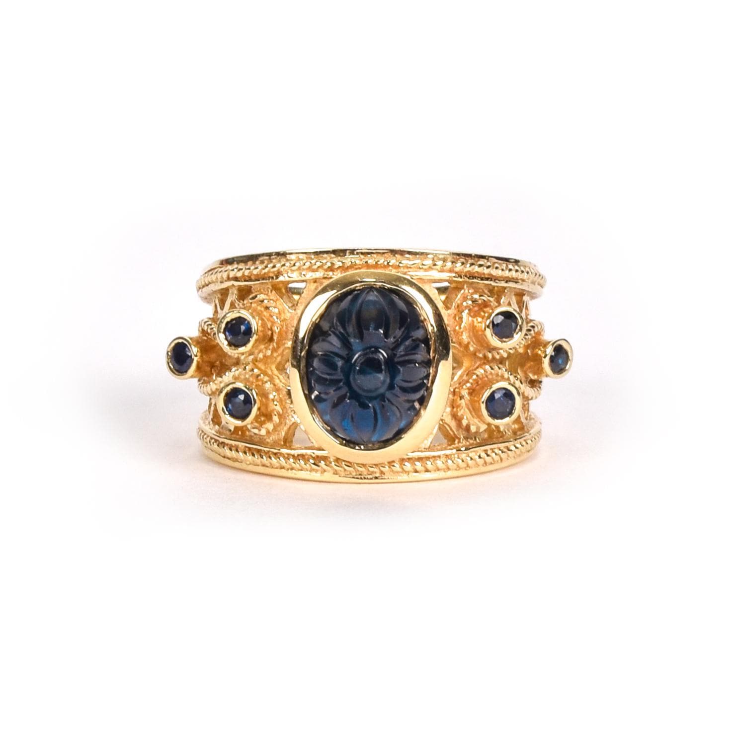 Byzantine Style 14K Gold Ring with Carved Sapphire Cabochon