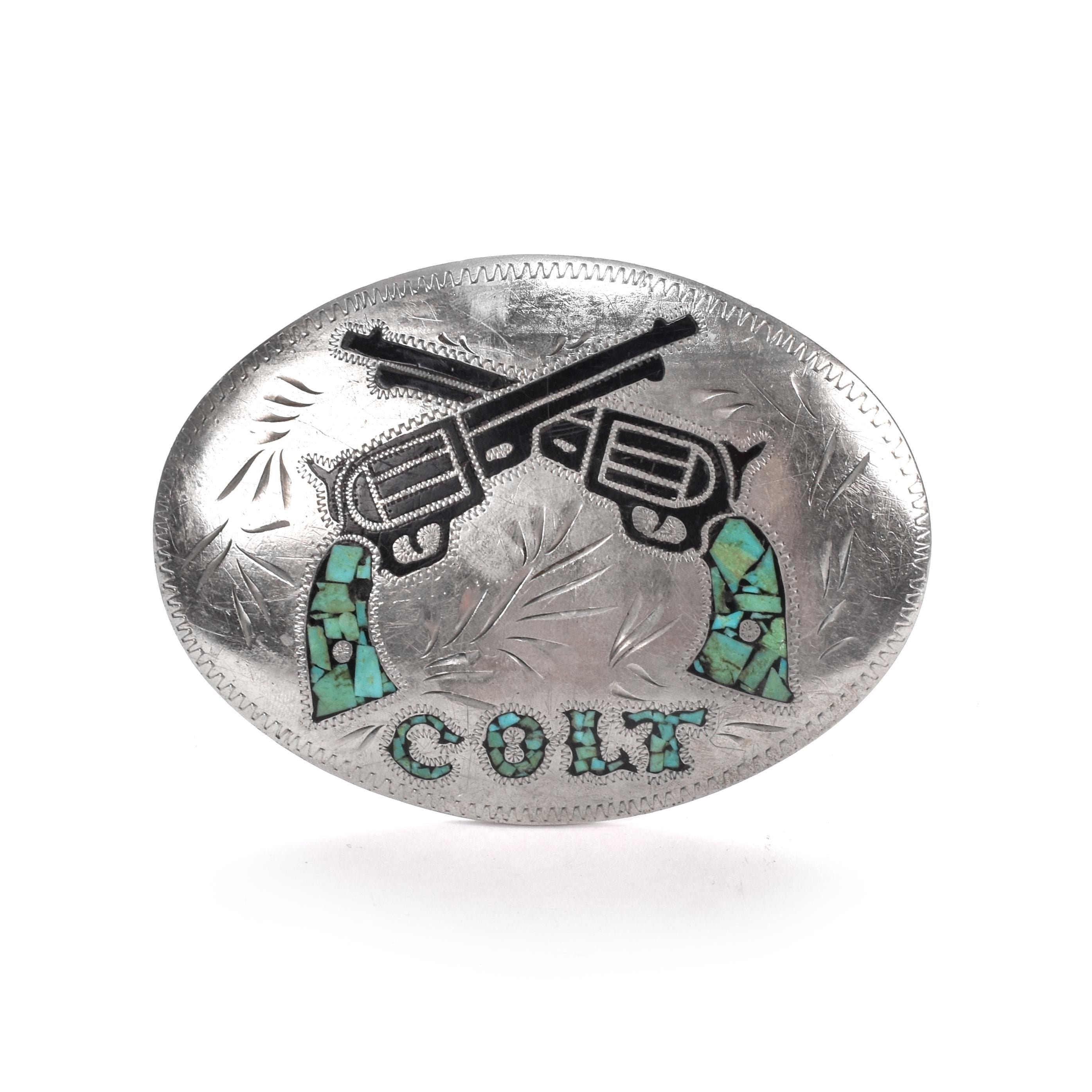 Alpaca Silver Colt Belt Buckle with Inlayed Turquoise and Onyx