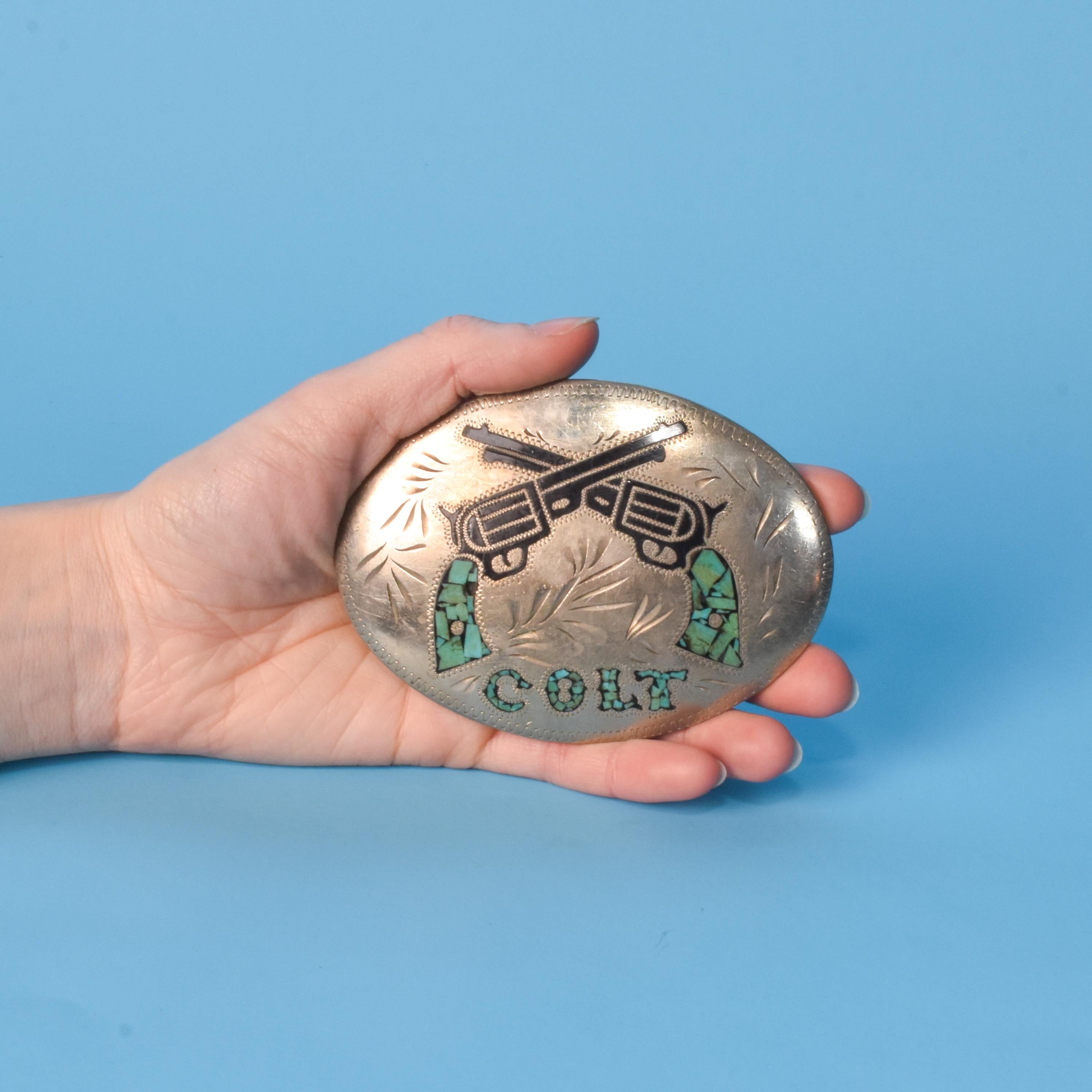 Alpaca Silver Colt Belt Buckle with Inlayed Turquoise and Onyx