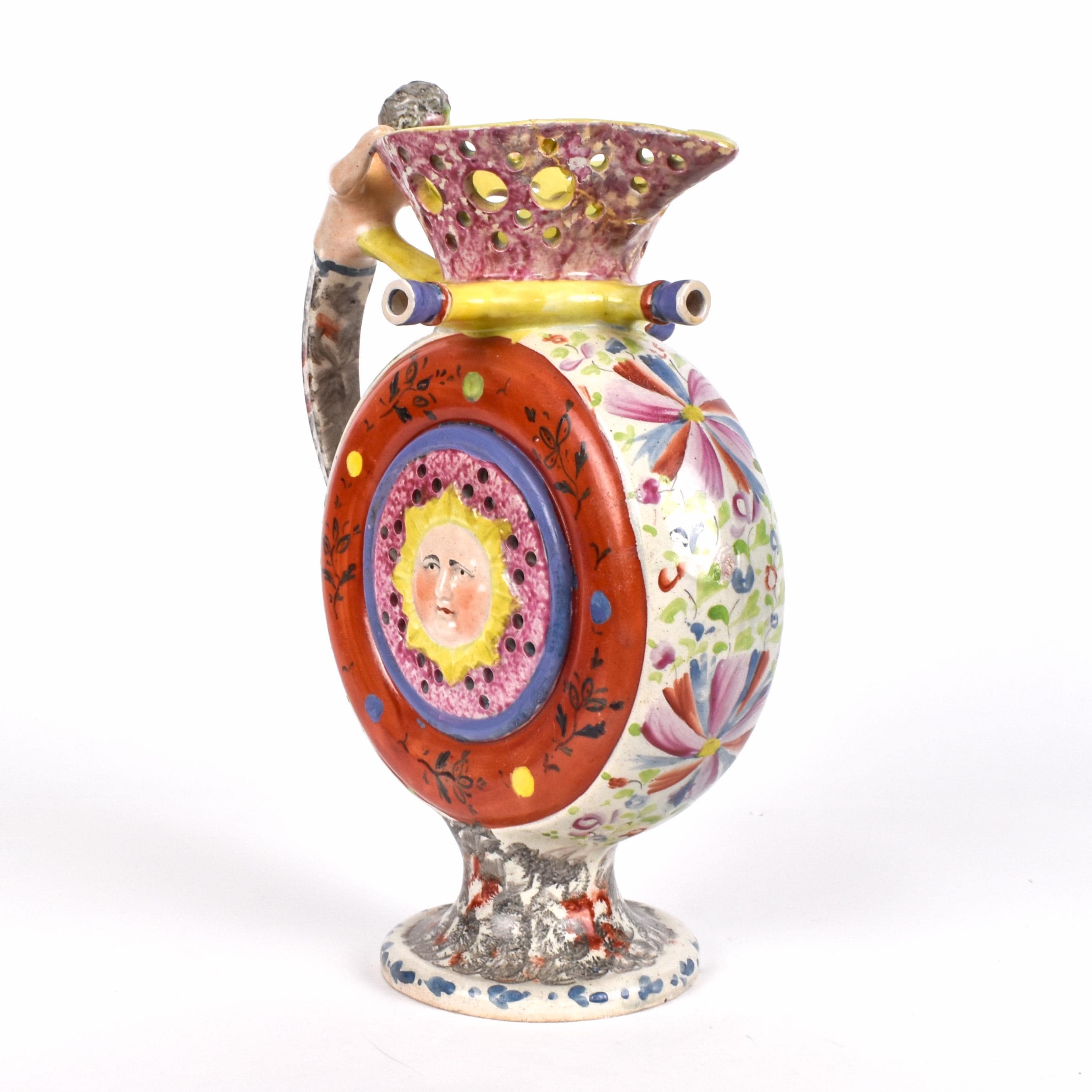 19th Century Bristol Glazed Pottery Puzzle Jug with Sunshine Motif and Cherub Handle