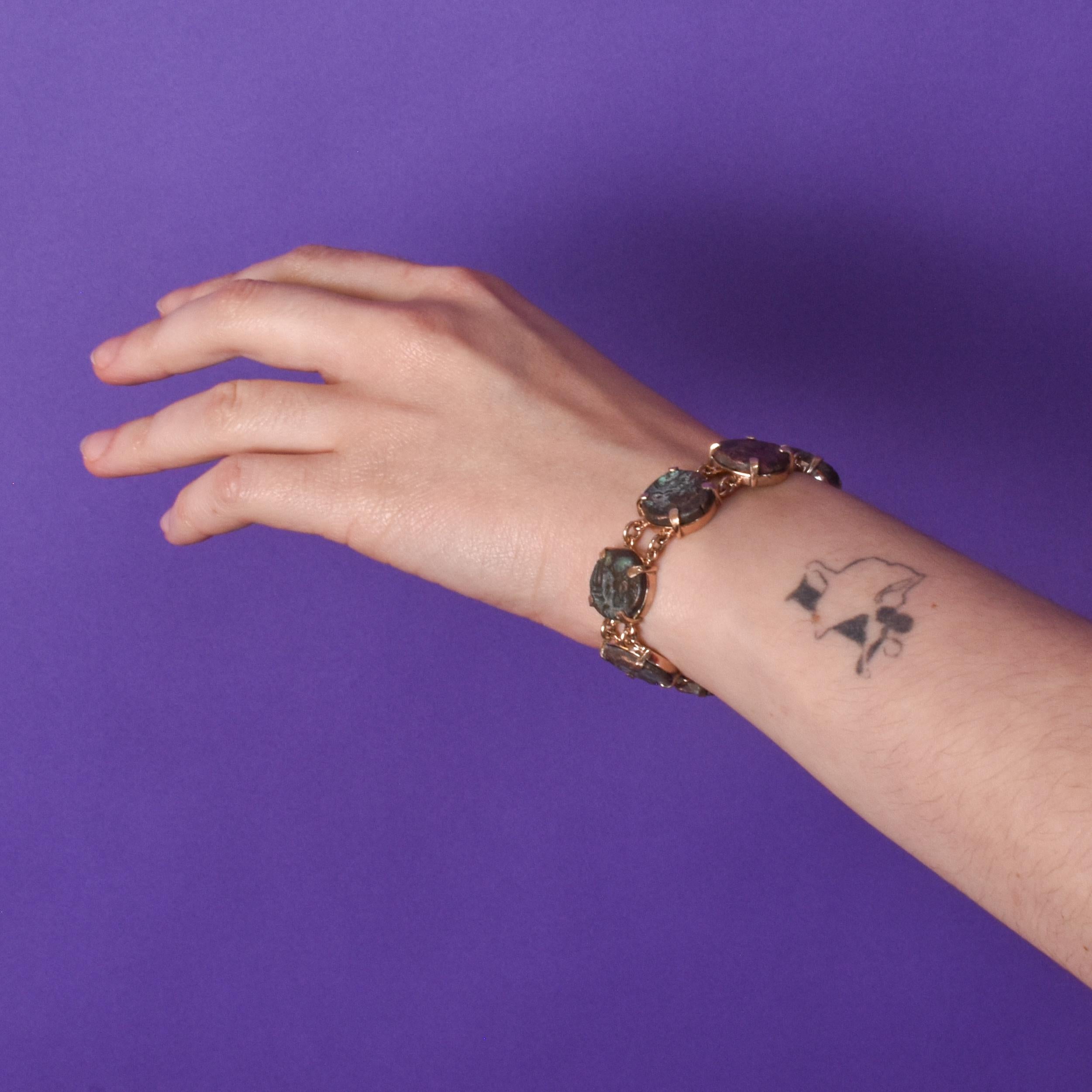 Ancient Roman Style Bronze Coin Link Bracelet in 14K Gold