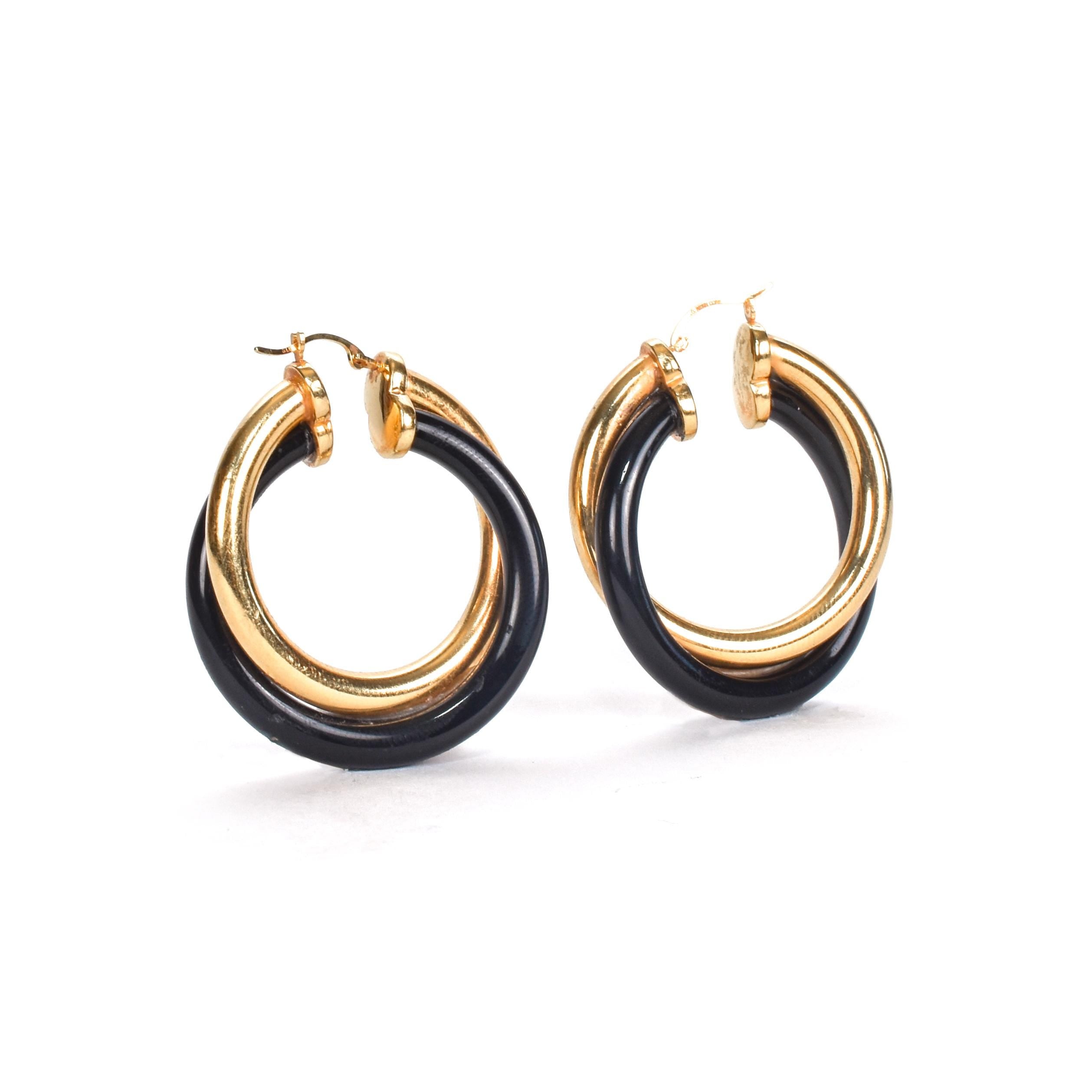 14K Gold and Black Onyx Resin Filled Hoop Earrings