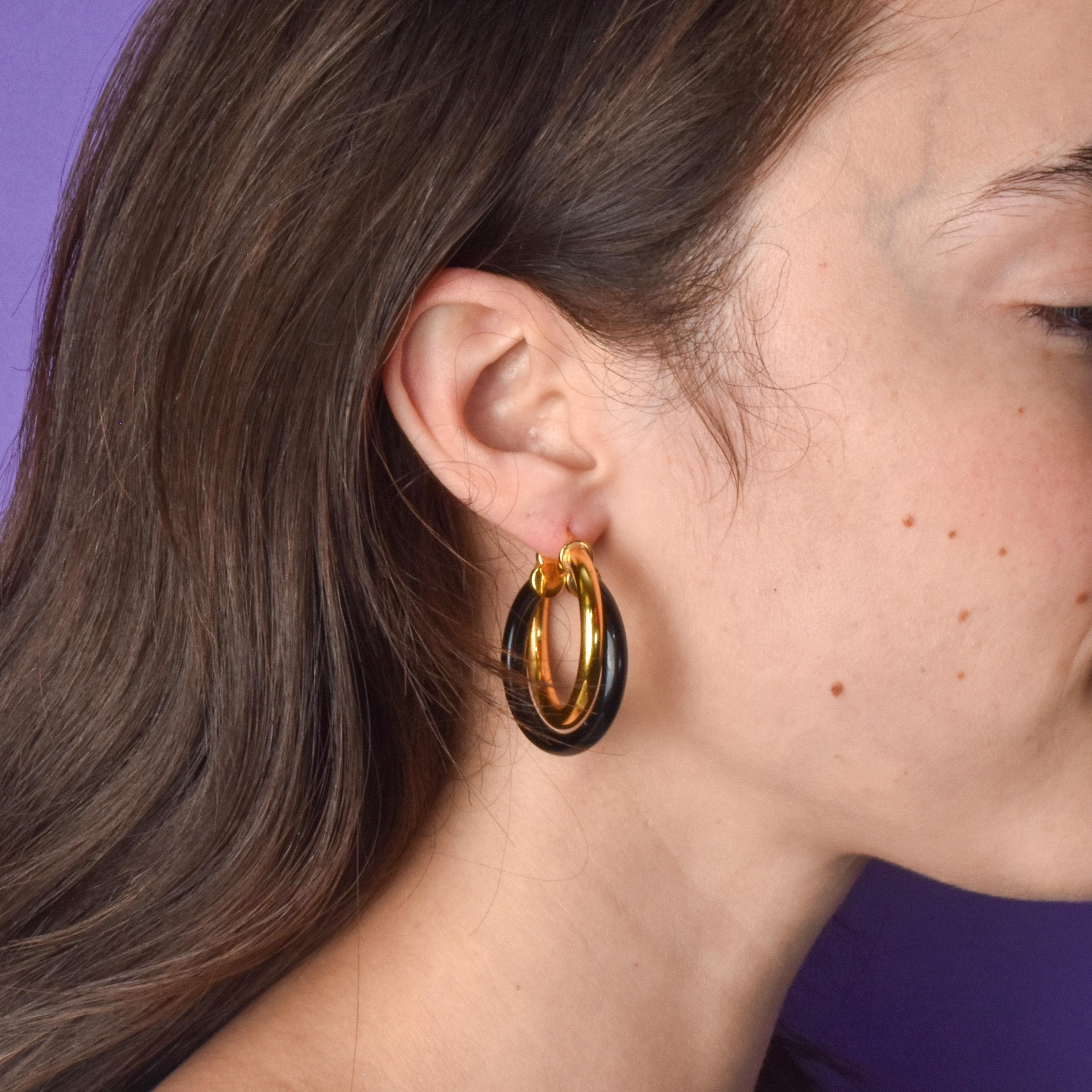 14K Gold and Black Onyx Resin Filled Hoop Earrings