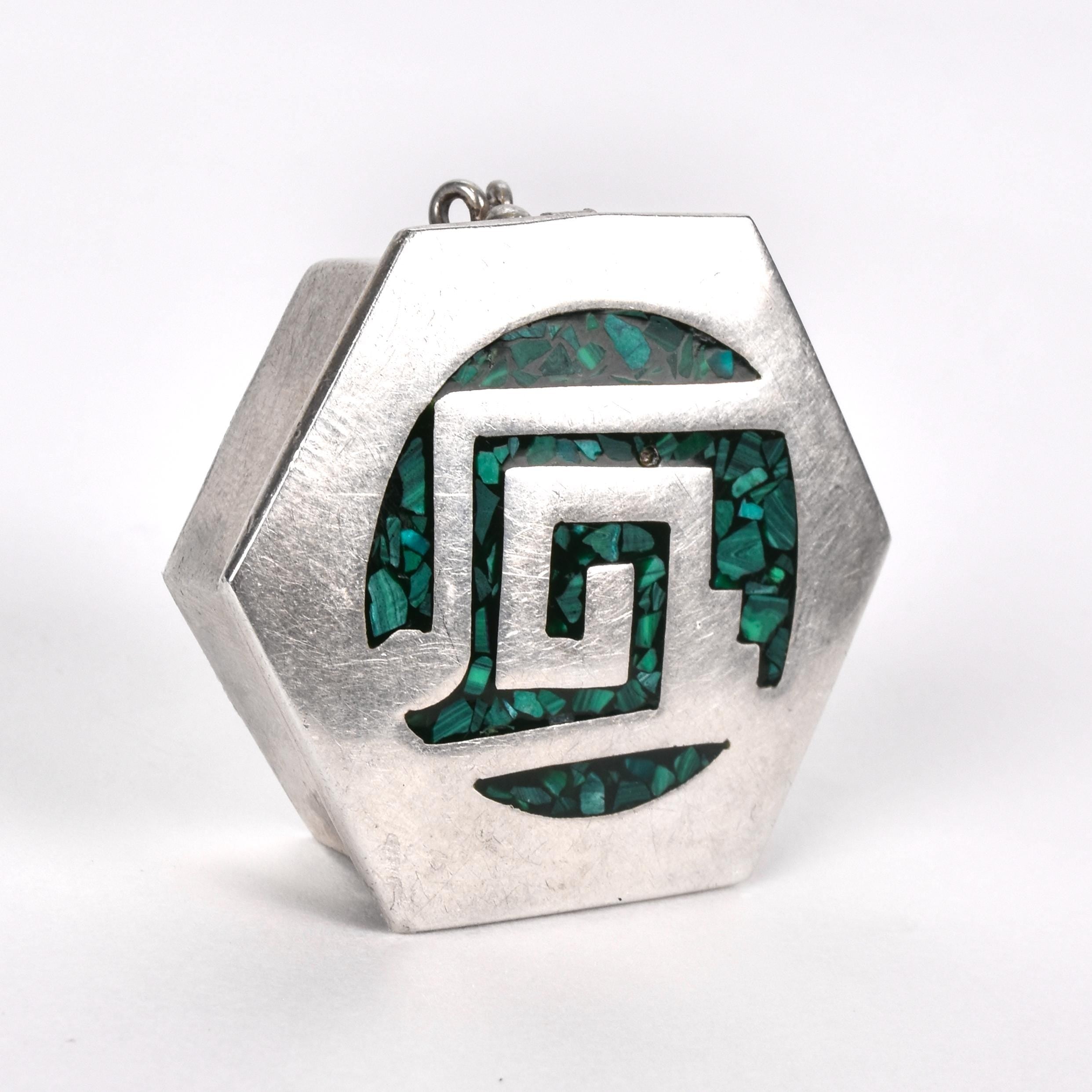 Taxco Sterling Silver Trinket Box with Inlaid Malachite