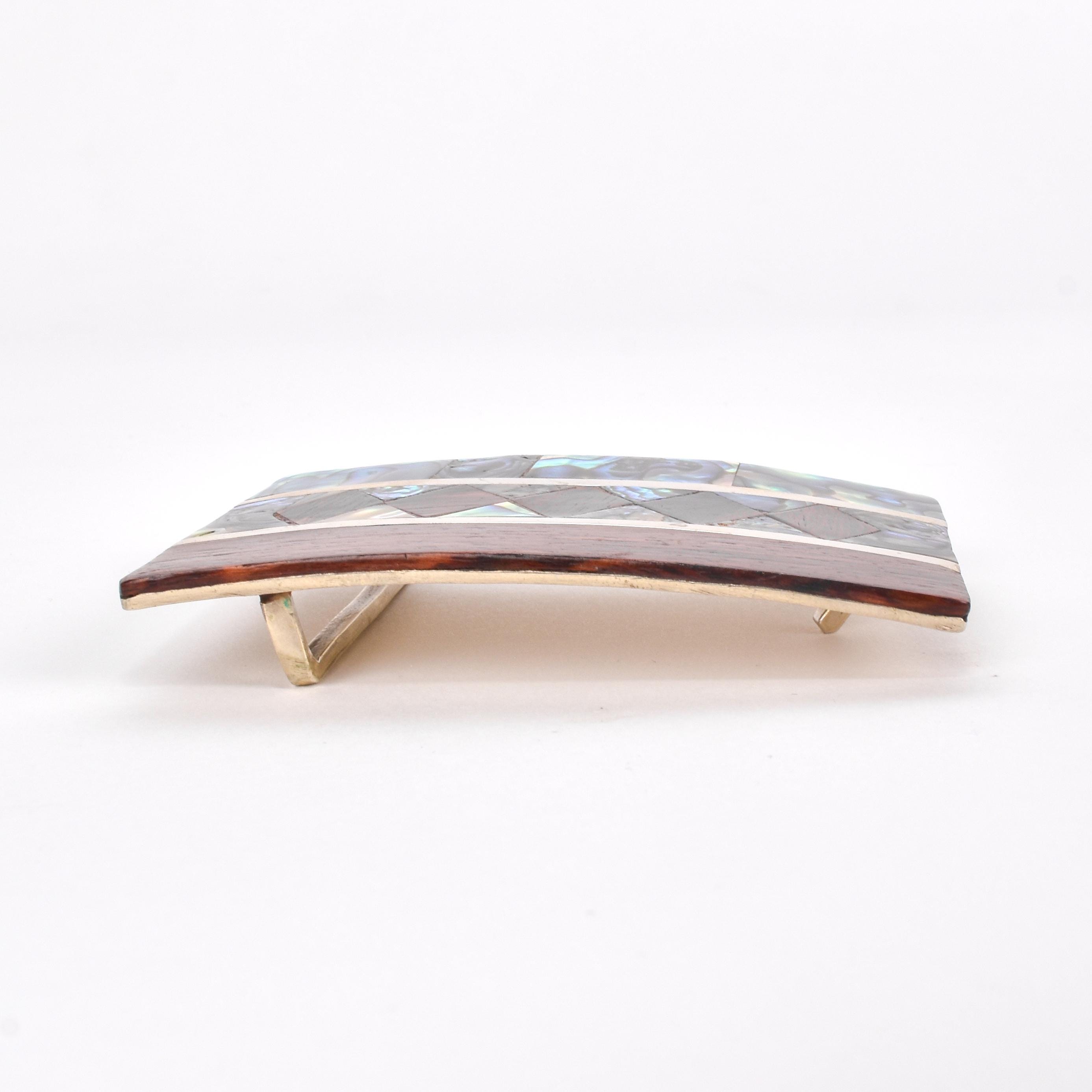 Mexican Alpaca Silver Belt-buckle with Inlaid Wood and Abalone