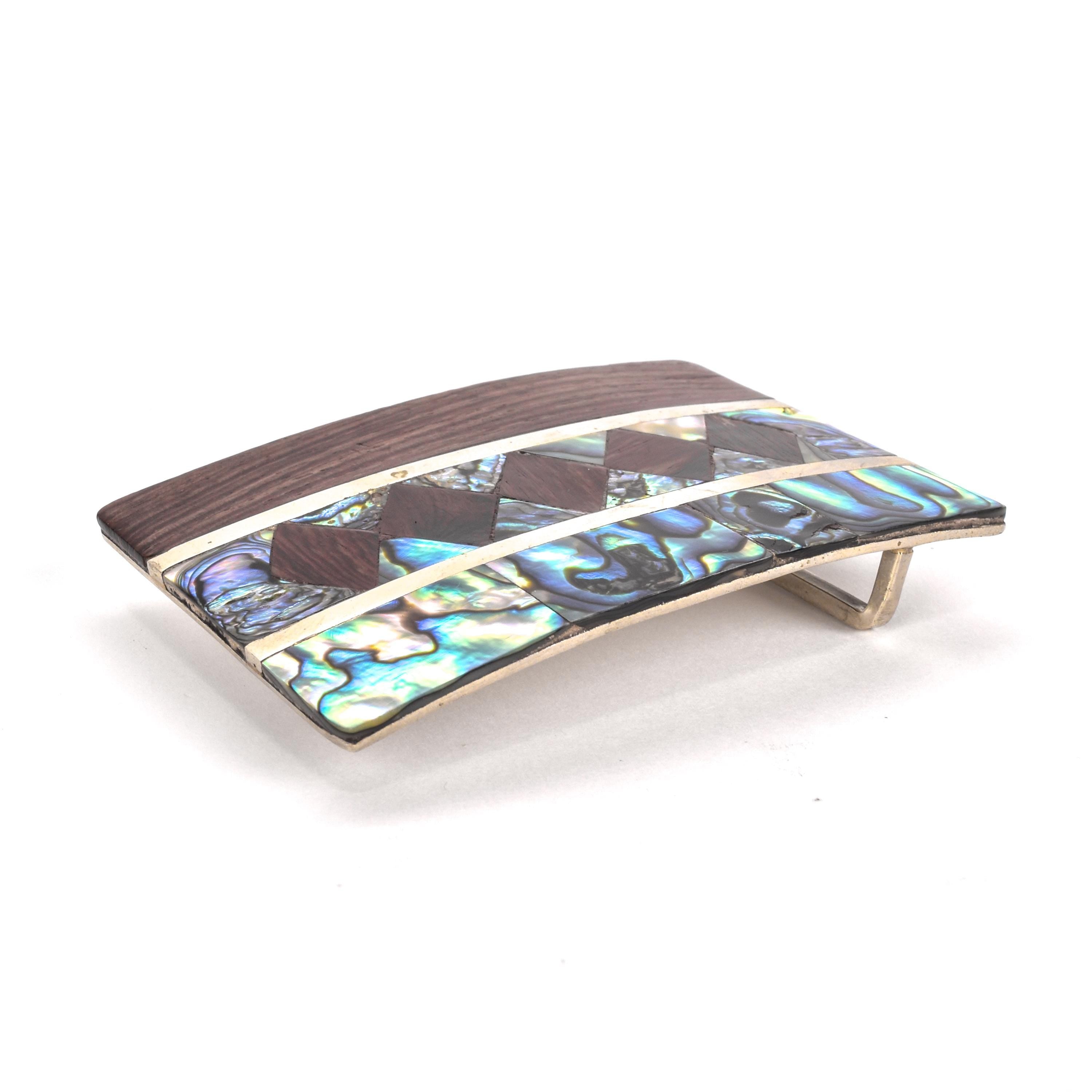 Mexican Alpaca Silver Belt-buckle with Inlaid Wood and Abalone