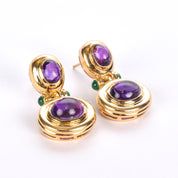 14K Gold Cabochon Amethyst and Emerald Drop Earrings