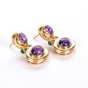 14K Gold Cabochon Amethyst and Emerald Drop Earrings