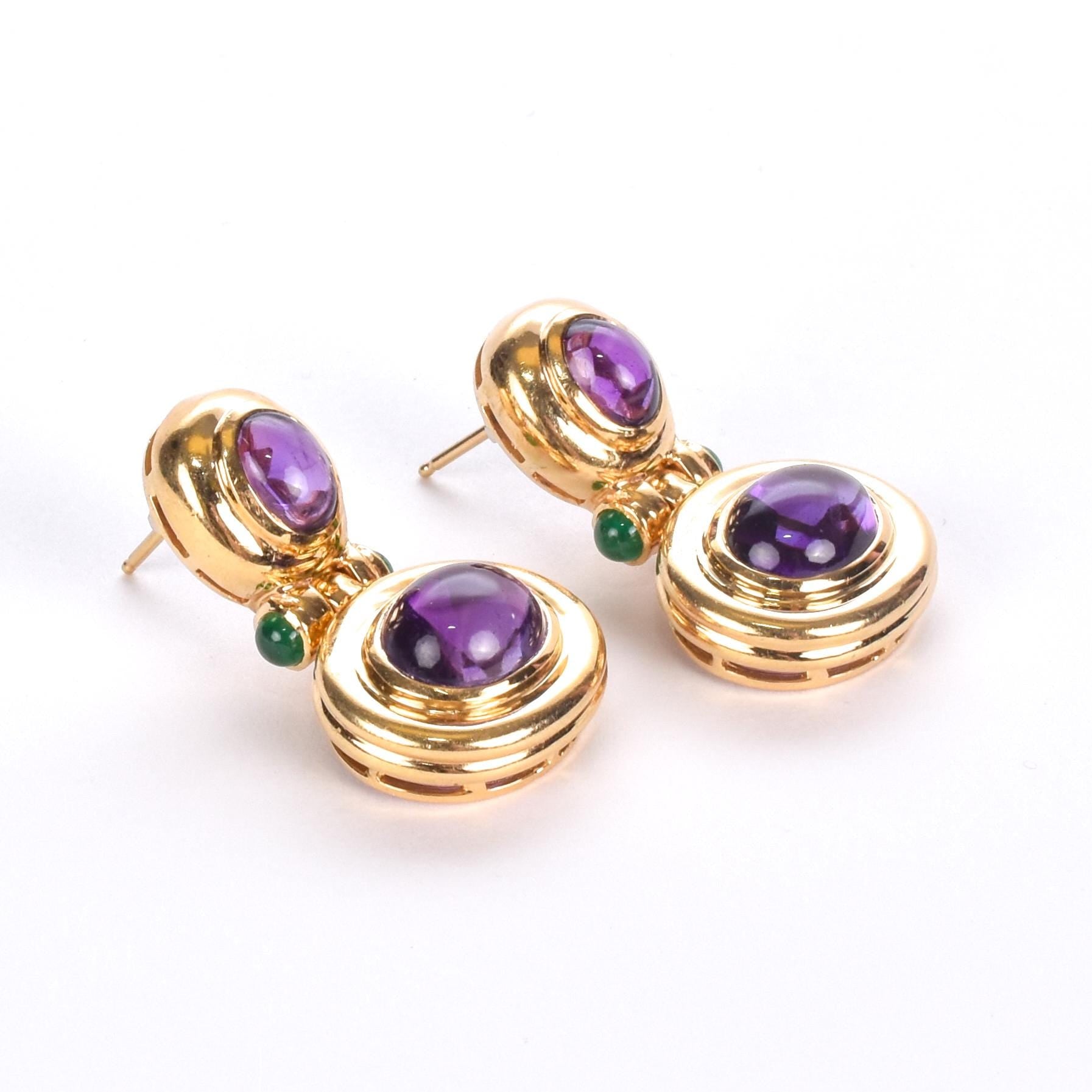 14K Gold Cabochon Amethyst and Emerald Drop Earrings