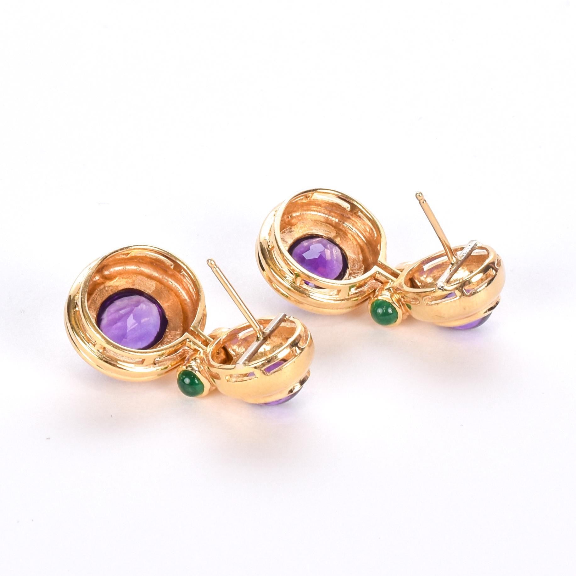 14K Gold Cabochon Amethyst and Emerald Drop Earrings