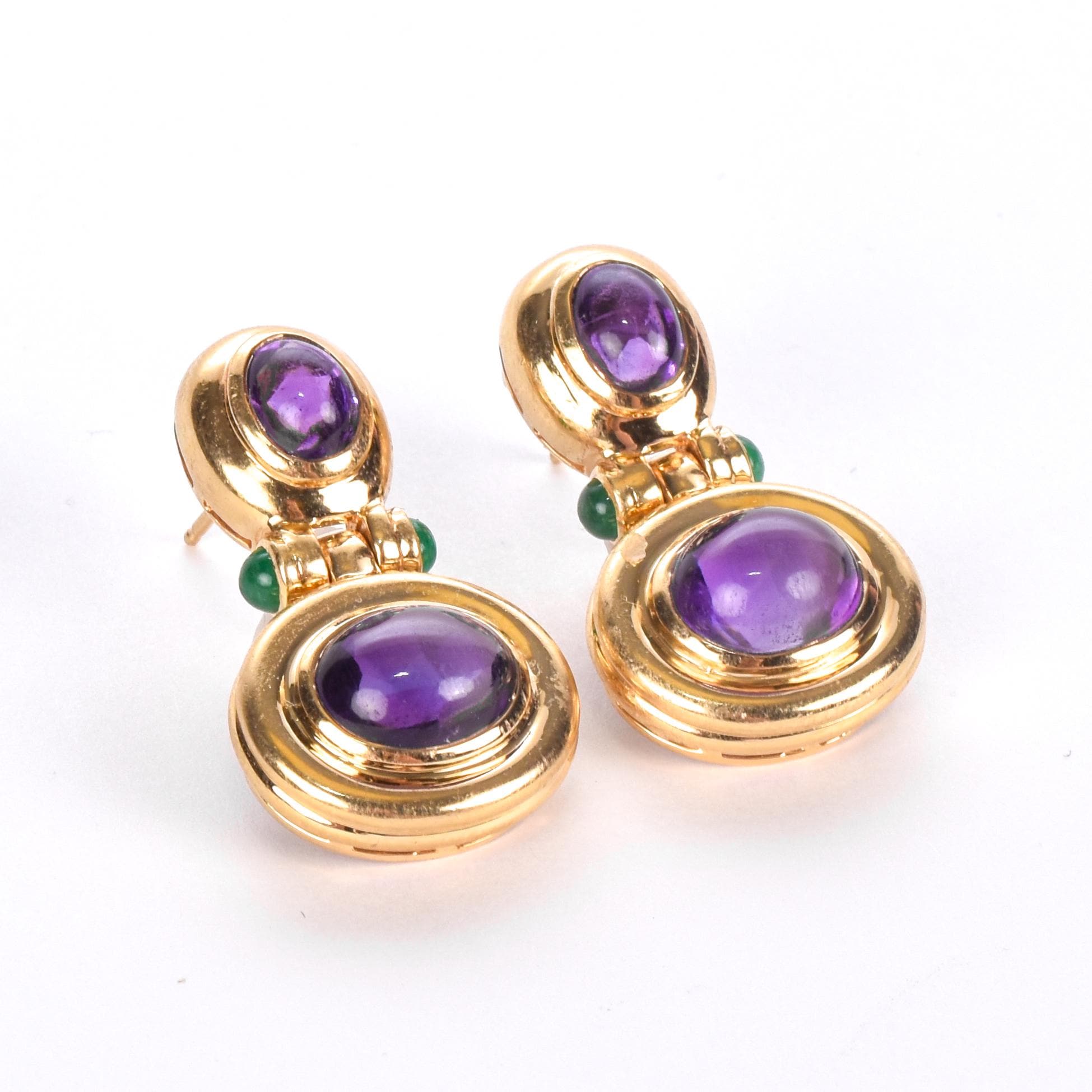 14K Gold Cabochon Amethyst and Emerald Drop Earrings