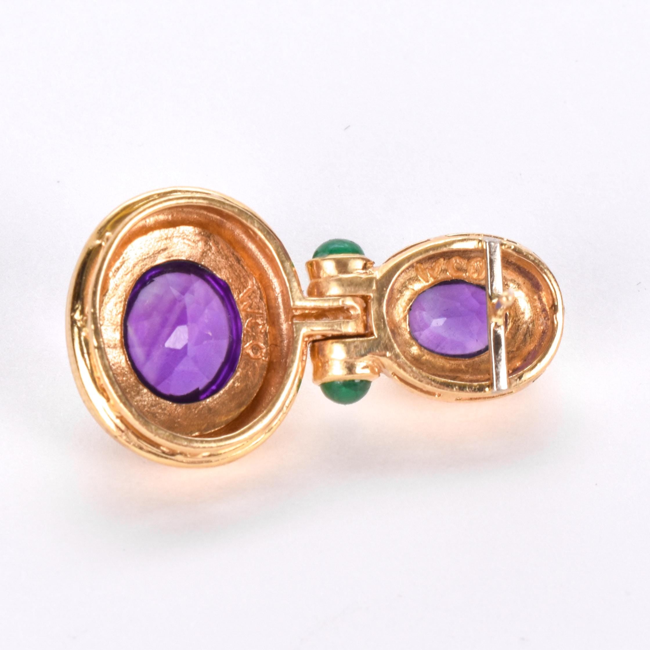 14K Gold Cabochon Amethyst and Emerald Drop Earrings