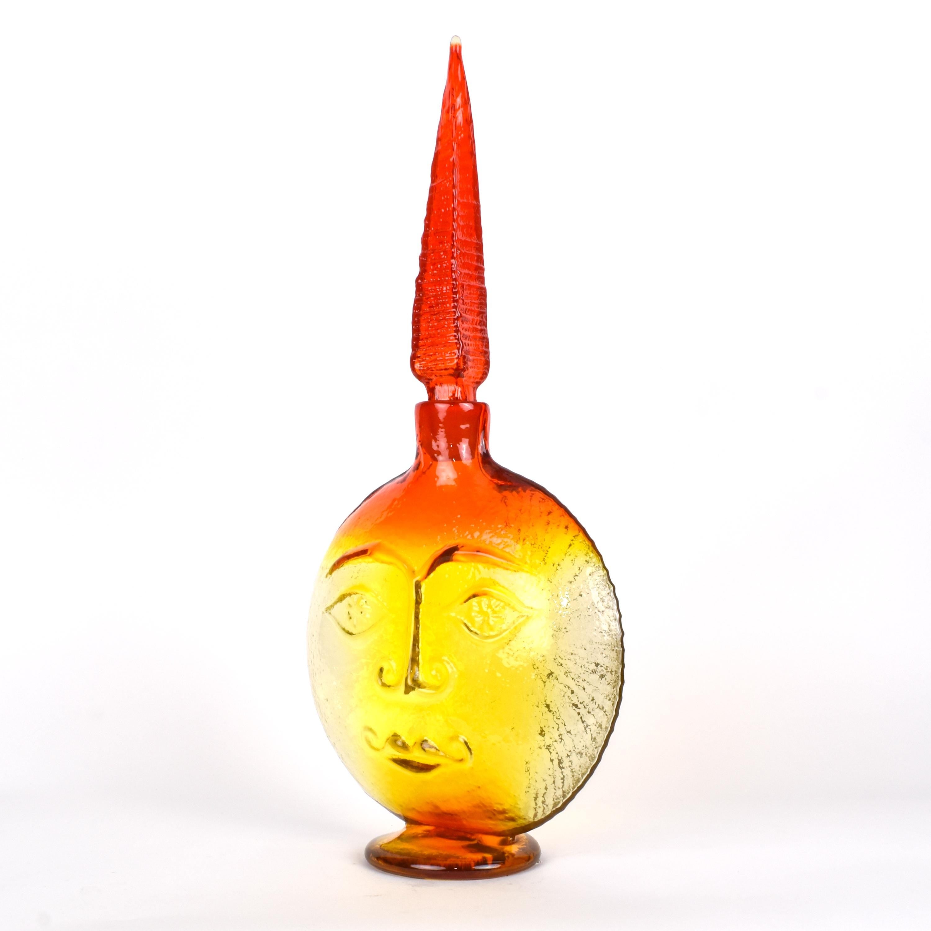 Rare 1960s Blenko Tangerine Amberina Sunface Decanter