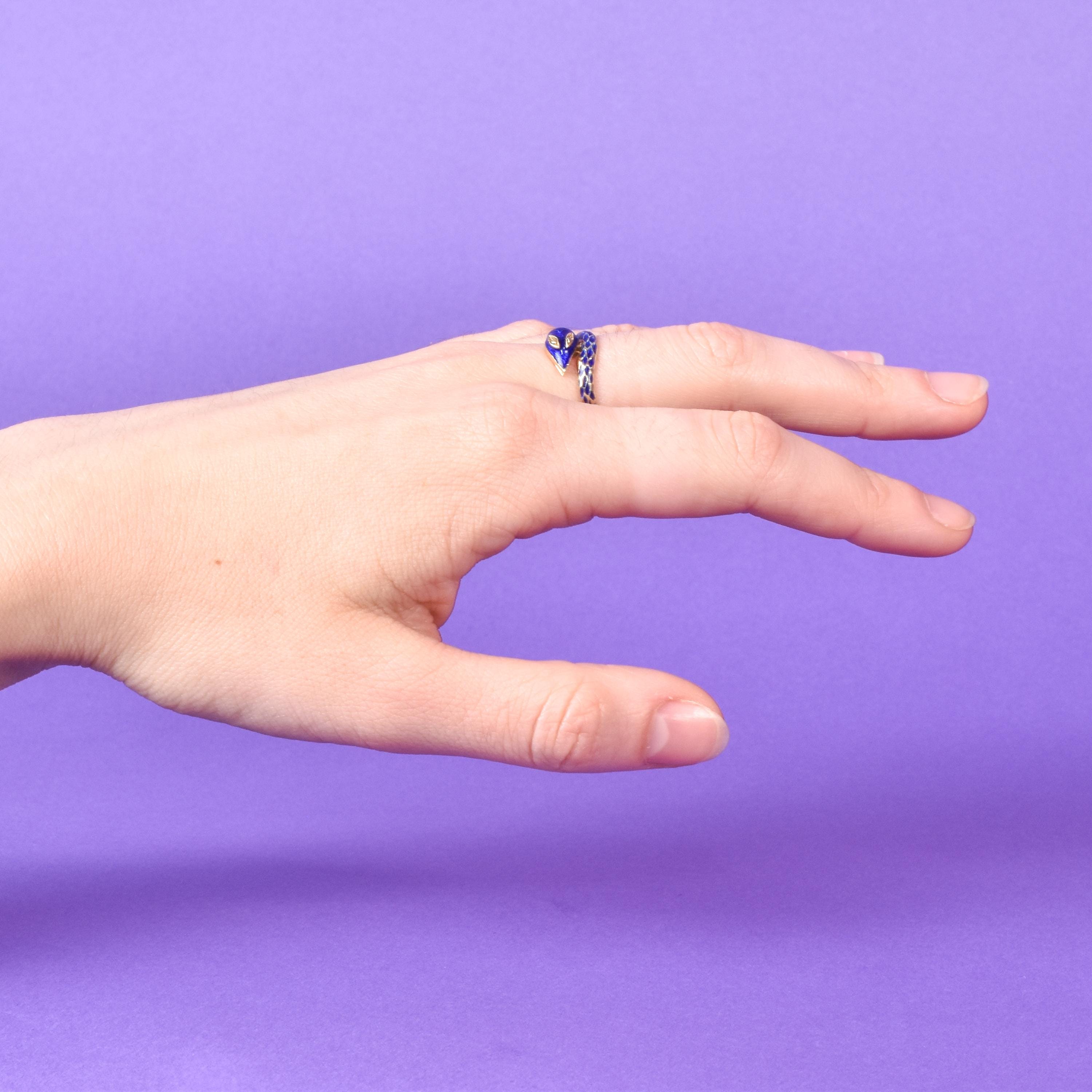14K Gold and Blue Enamel Snake Bypass Ring
