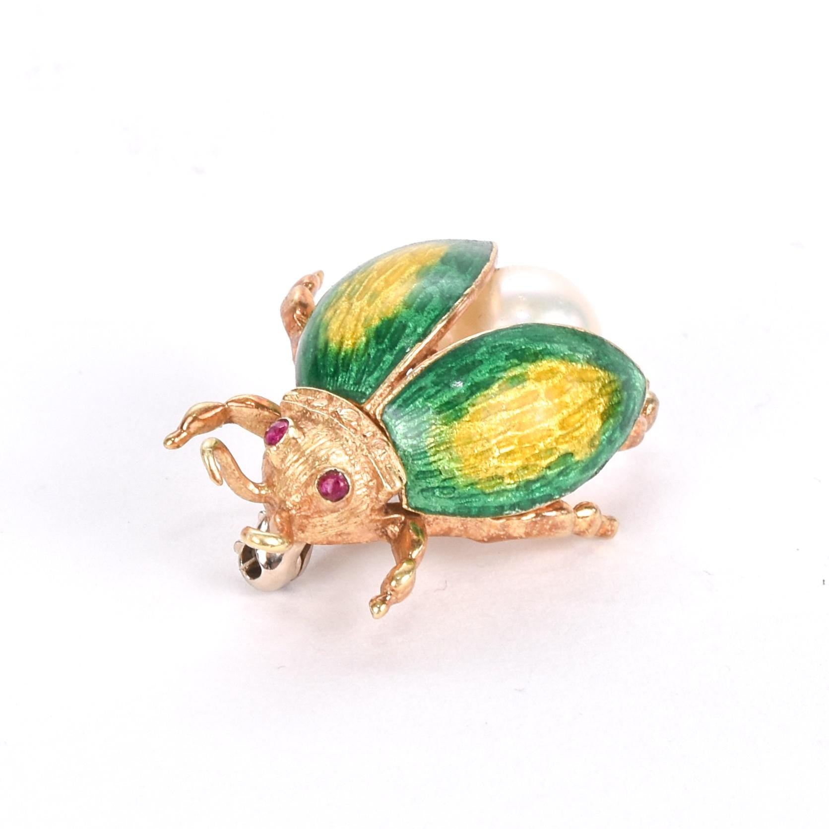 14K Gold, Ruby, Pearl, and Enamel Beetle Brooch