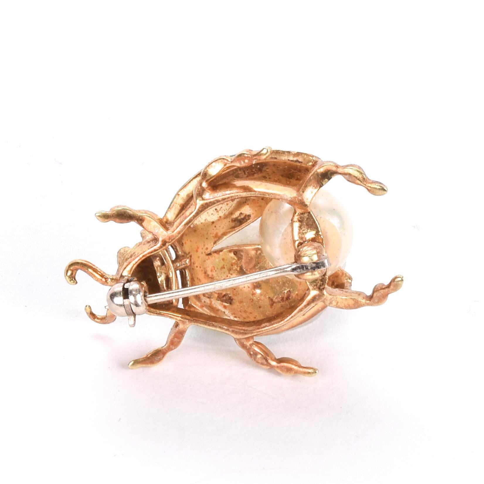 14K Gold, Ruby, Pearl, and Enamel Beetle Brooch
