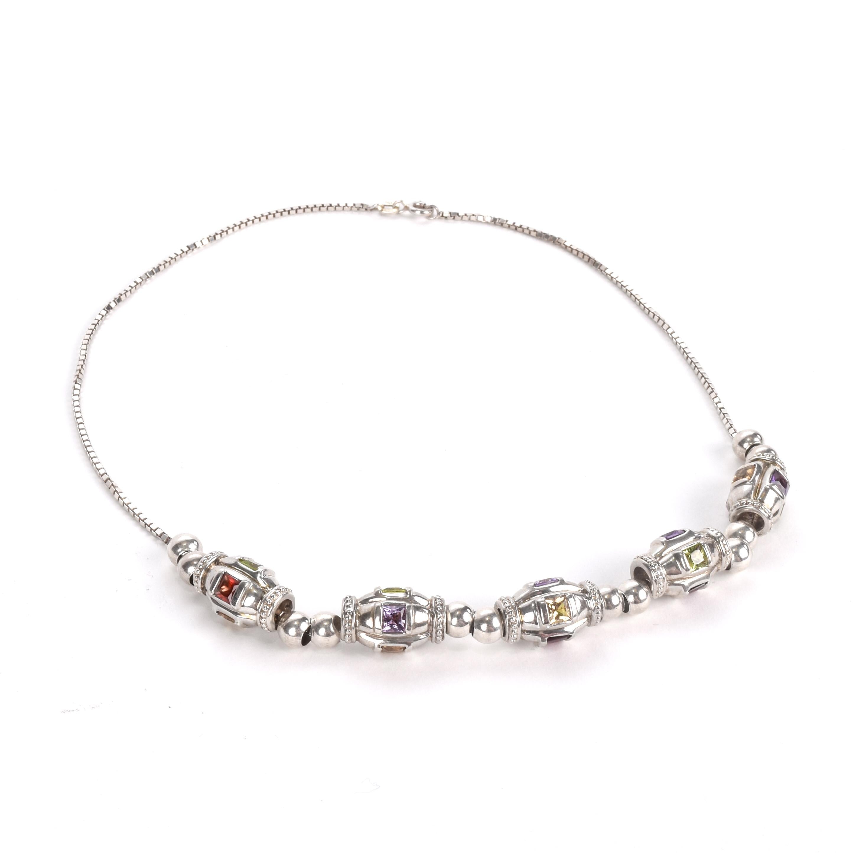 Sterling Silver Multi-Gemstone Metal Barrel Bead Necklace