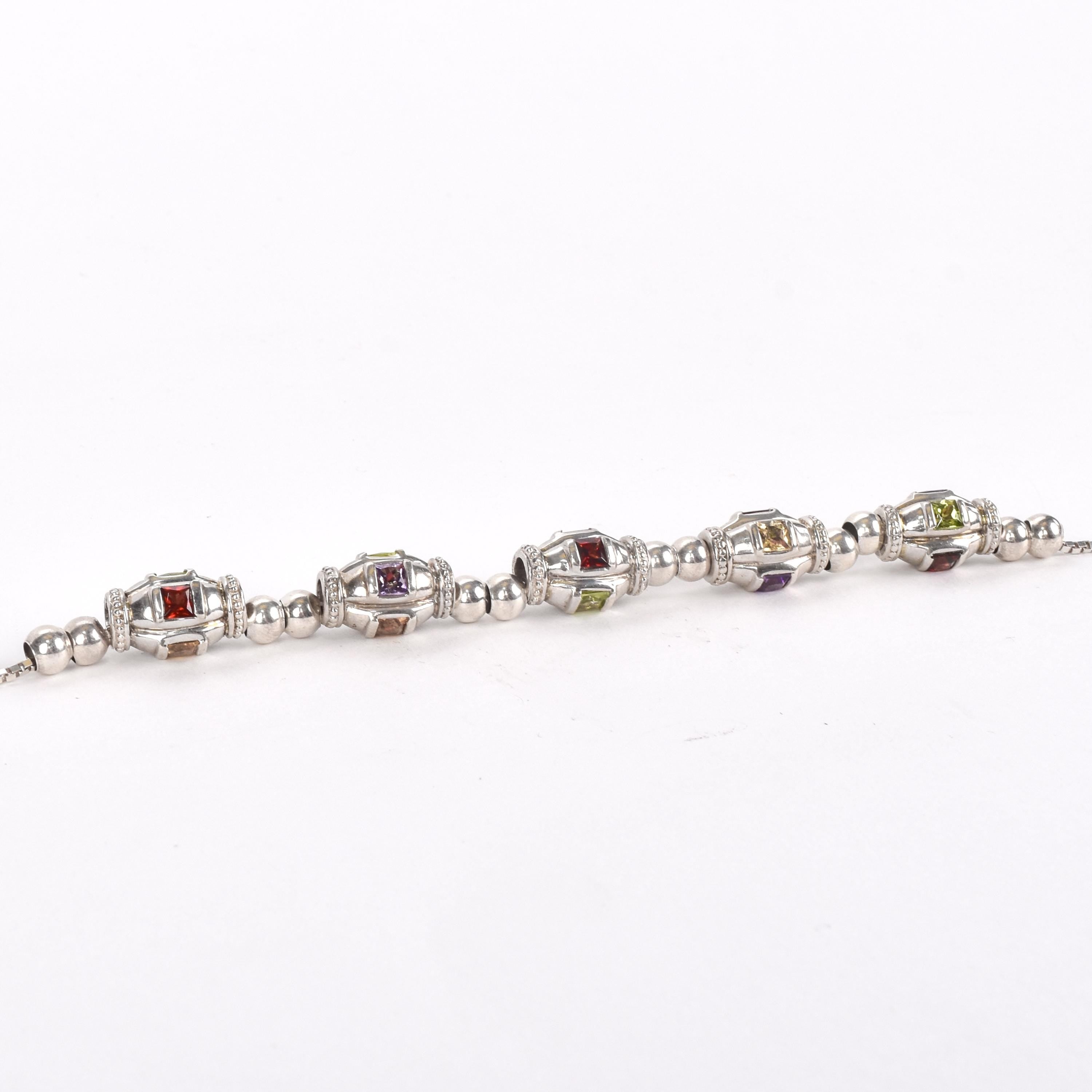 Sterling Silver Multi-Gemstone Metal Barrel Bead Necklace