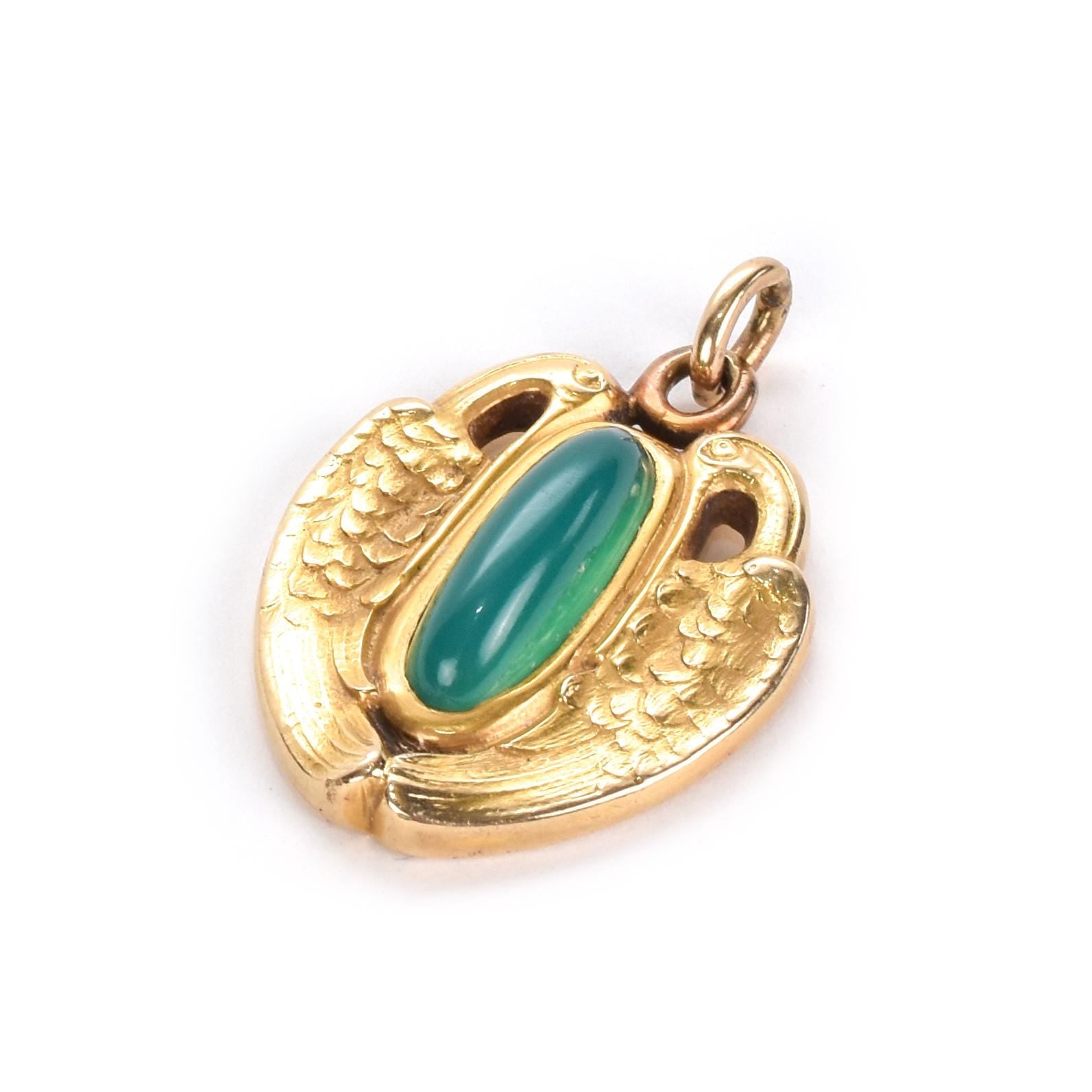 14K Gold and Green Chrysoprase Pendant with Winged Swans