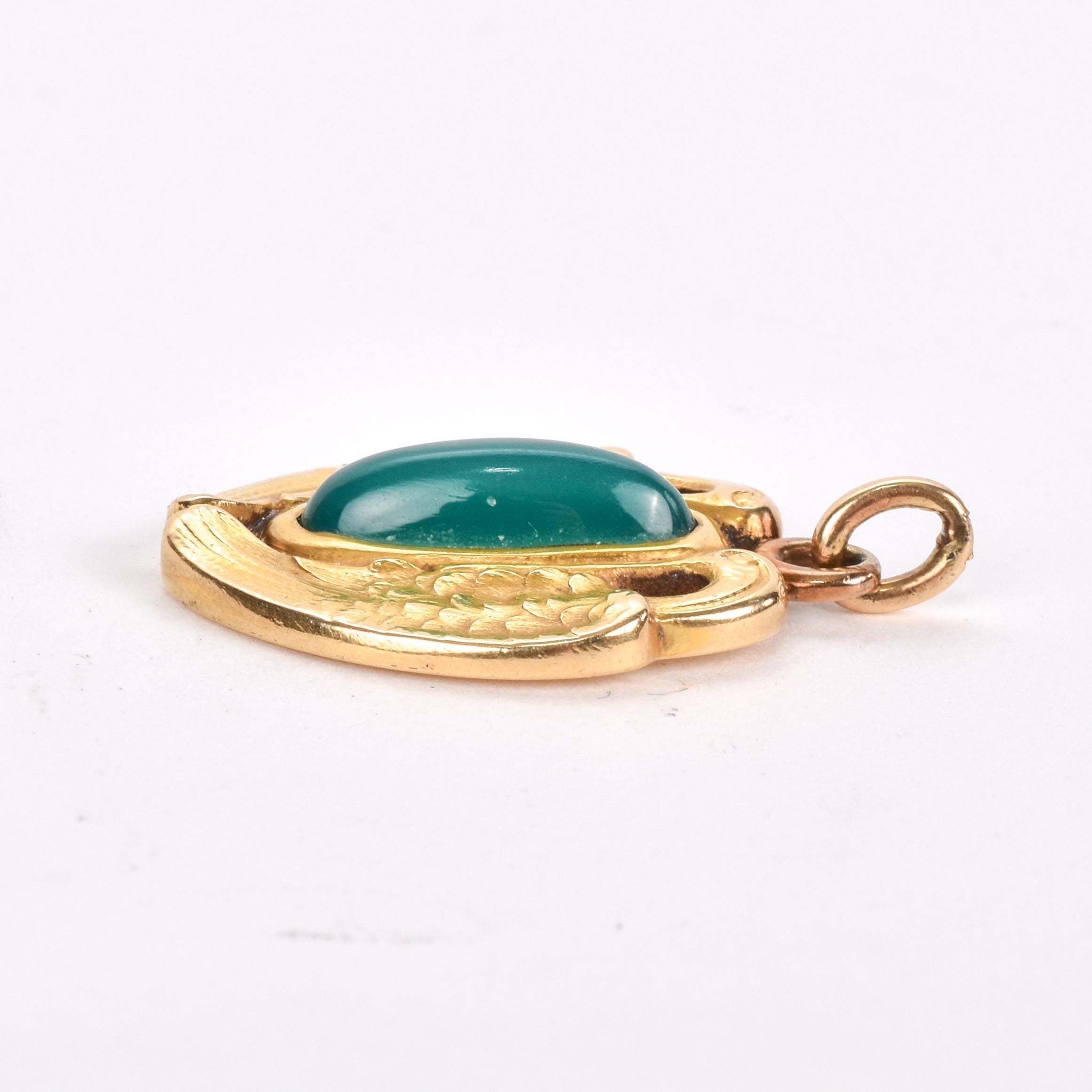 14K Gold and Green Chrysoprase Pendant with Winged Swans