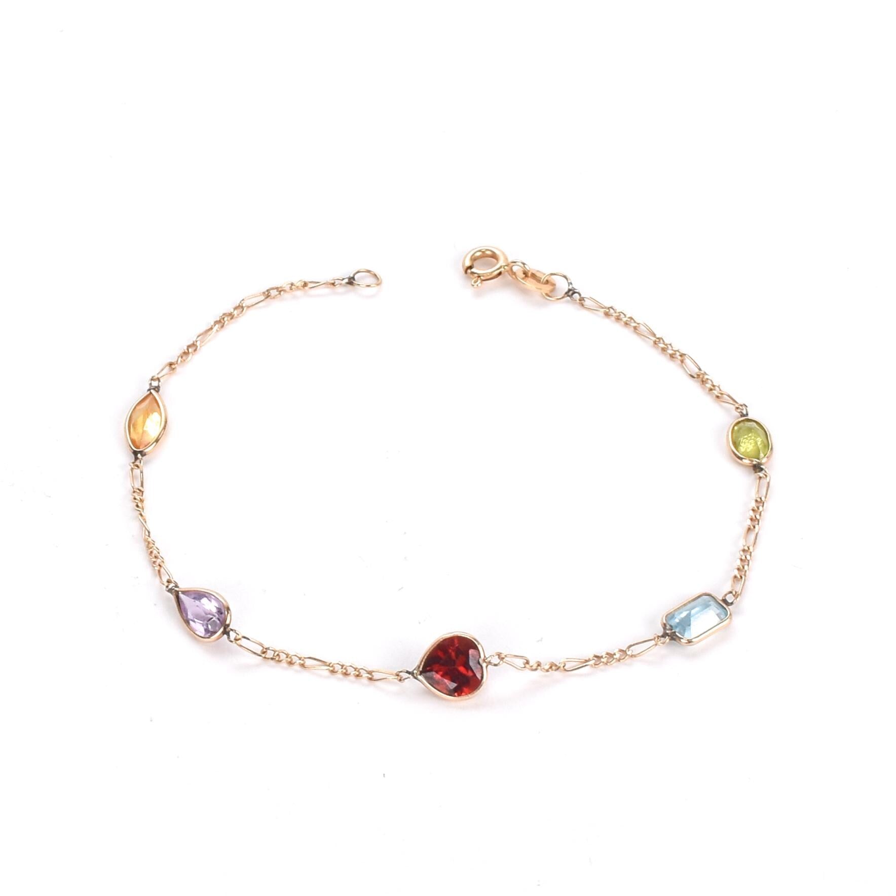 14K Gold Multi-Stone Station Bracelet on Figaro Chain