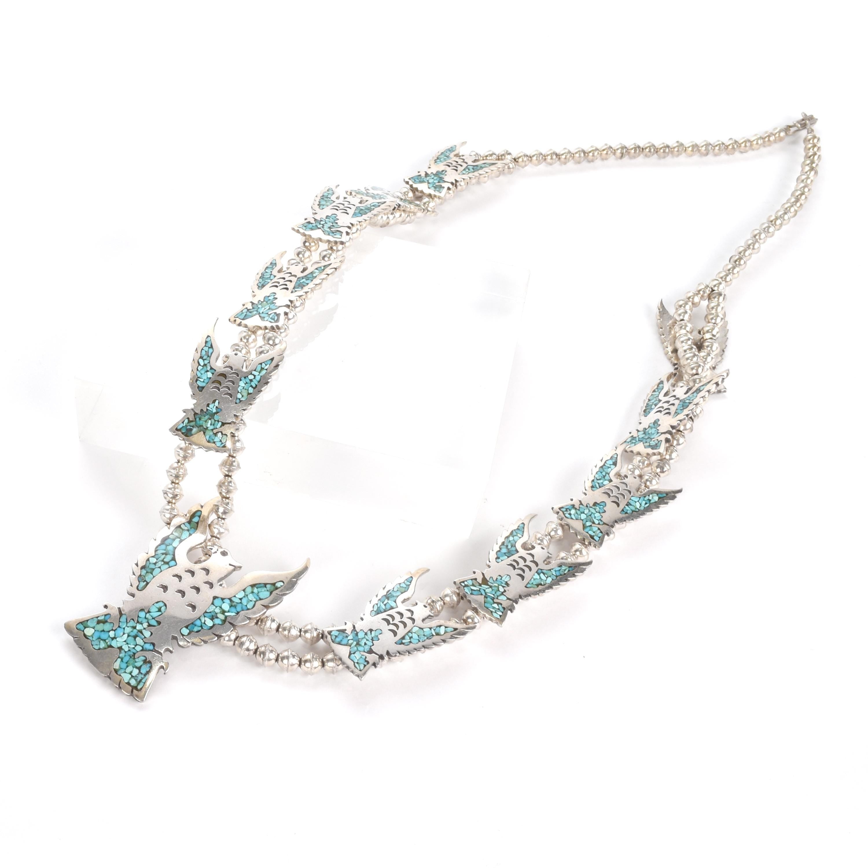 1970s Sterling Silver Falcon Squash Blossom with Turquoise Chip Inlay