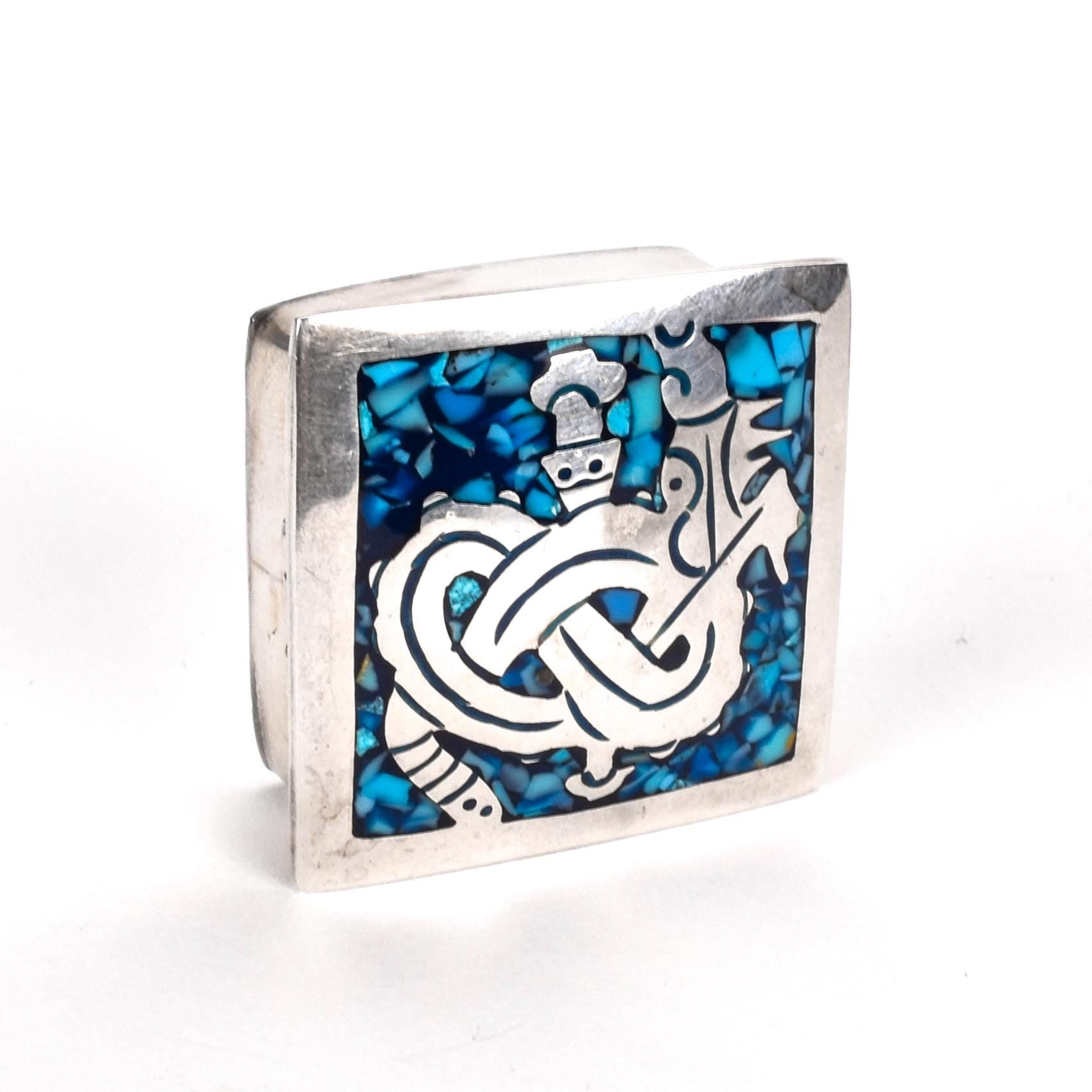 Taxco Sterling Silver Trinket Box with Turquoise Inlay