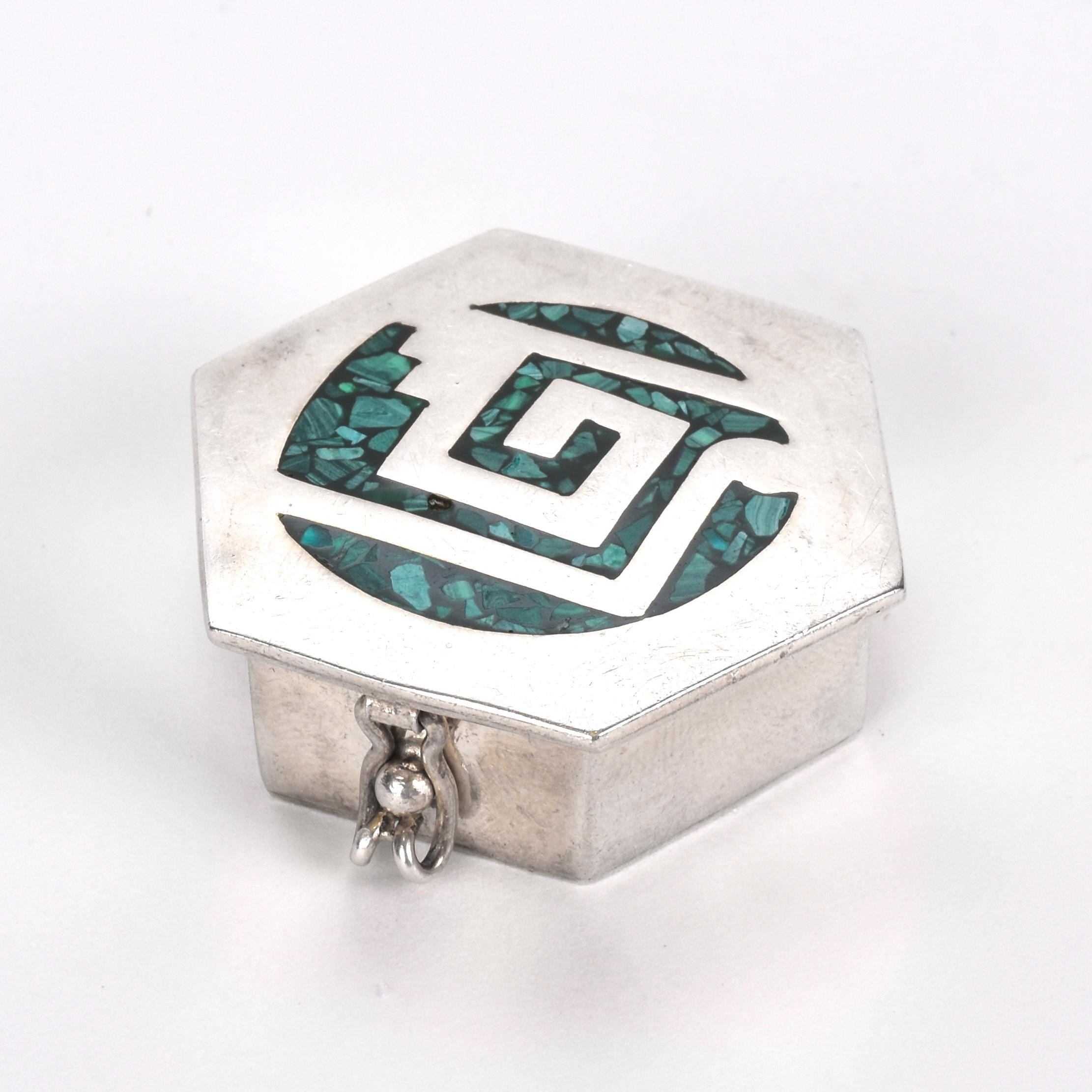 Taxco Sterling Silver Trinket Box with Inlaid Malachite