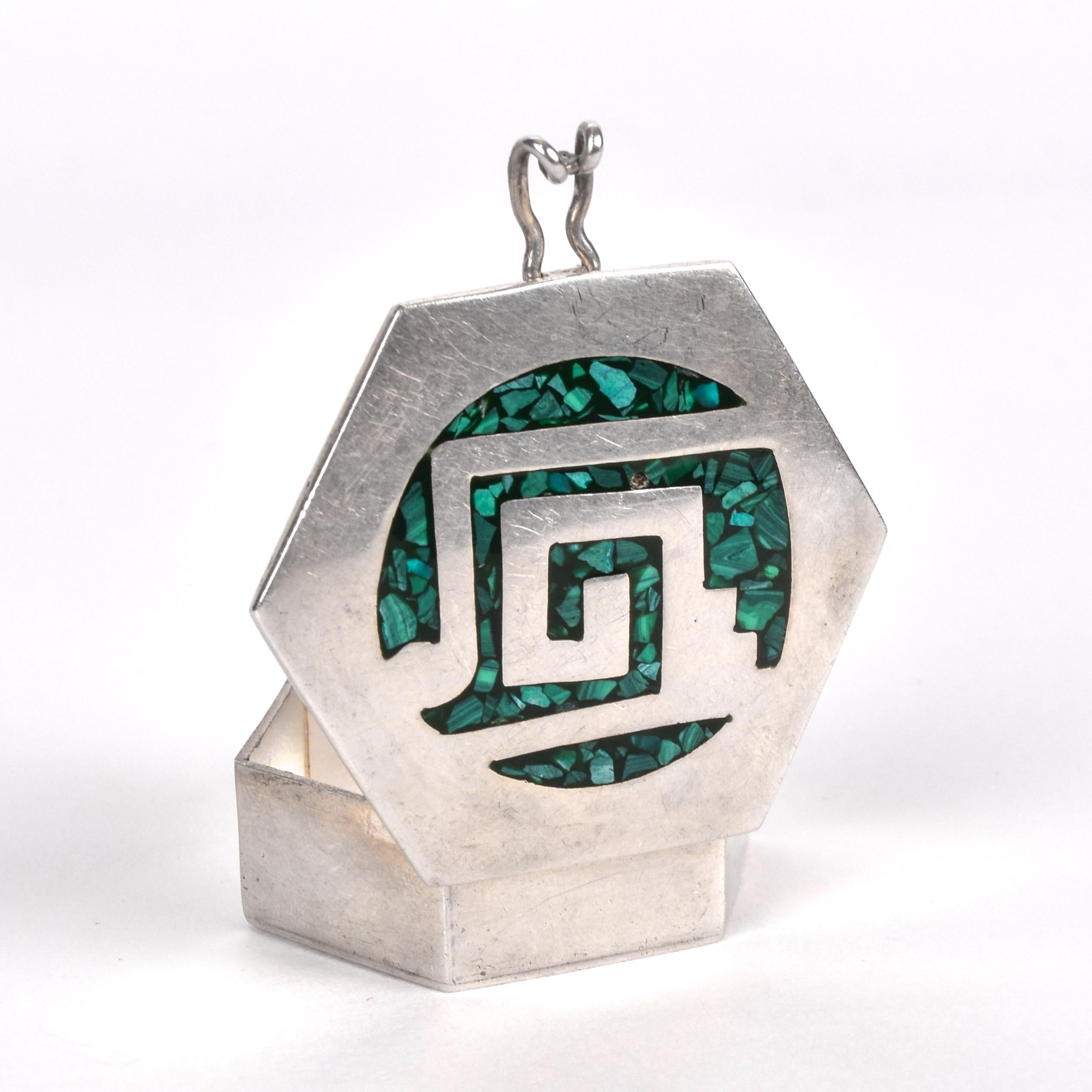 Taxco Sterling Silver Trinket Box with Inlaid Malachite