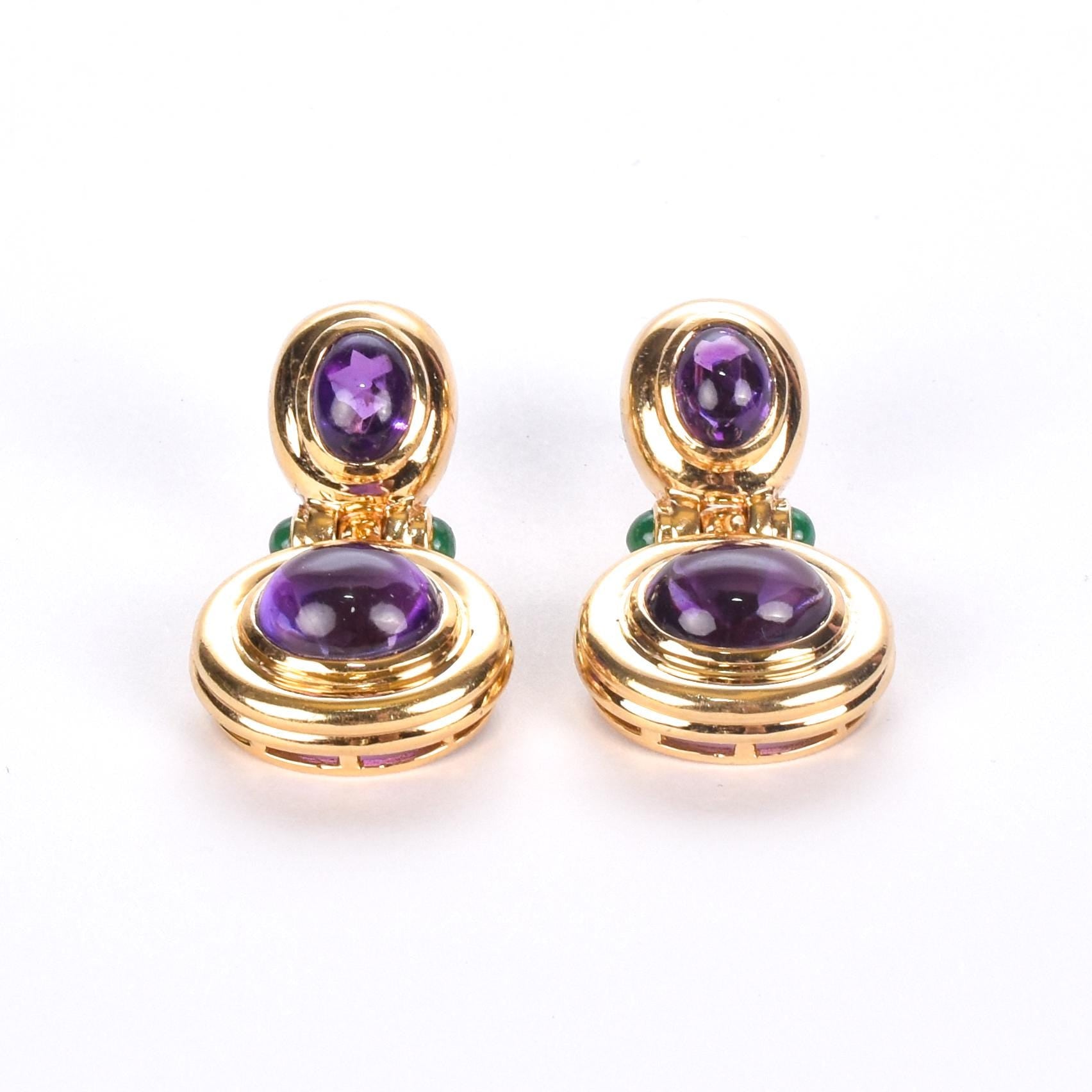 14K Gold Cabochon Amethyst and Emerald Drop Earrings