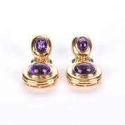 14K Gold Cabochon Amethyst and Emerald Drop Earrings