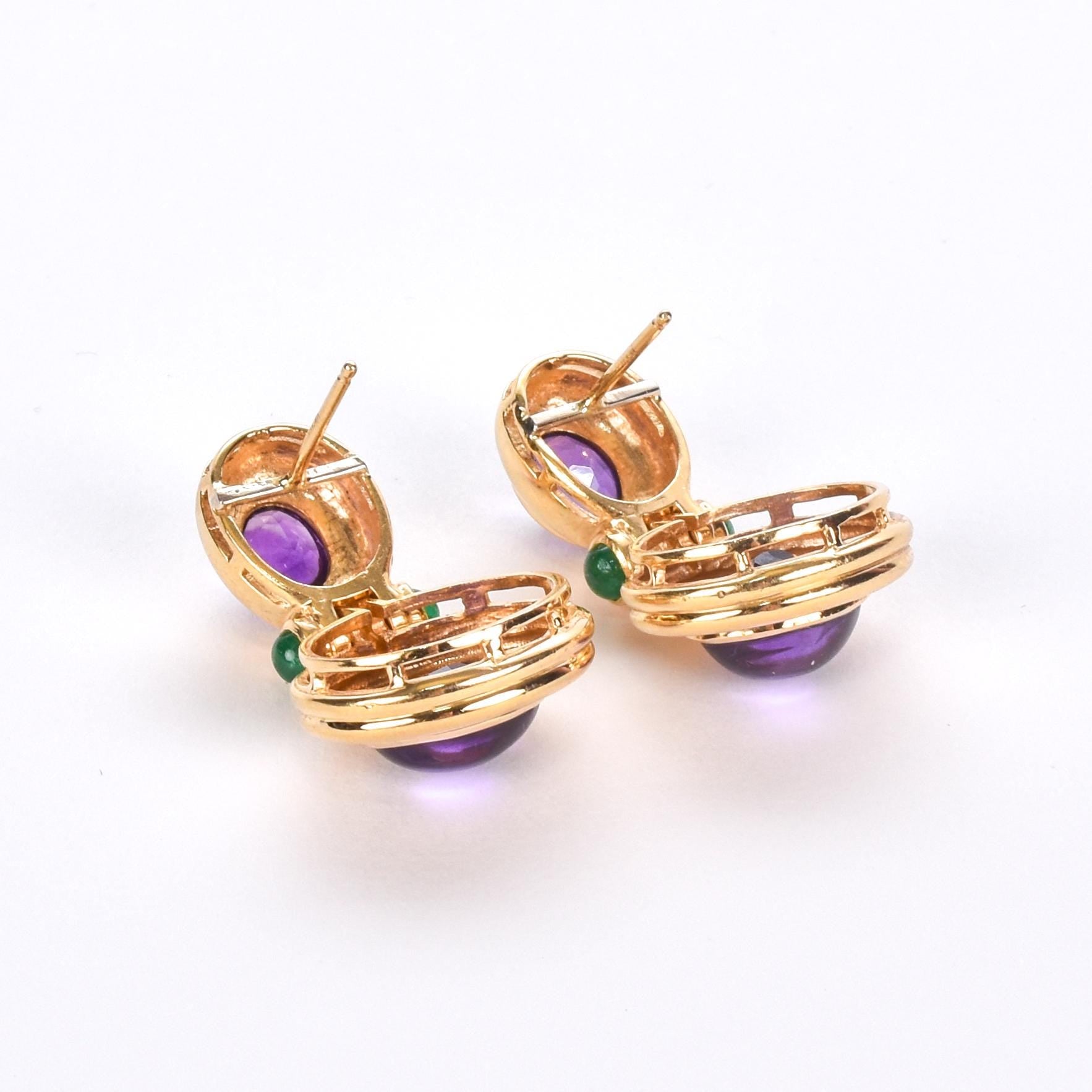 14K Gold Cabochon Amethyst and Emerald Drop Earrings