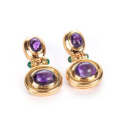 14K Gold Cabochon Amethyst and Emerald Drop Earrings