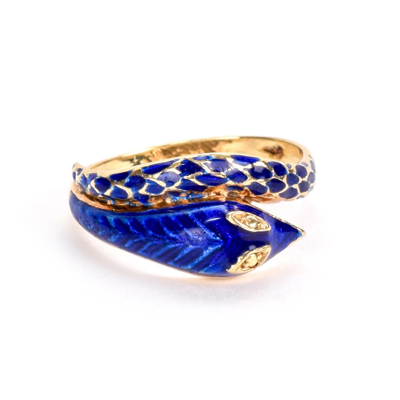 14K Gold and Blue Enamel Snake Bypass Ring